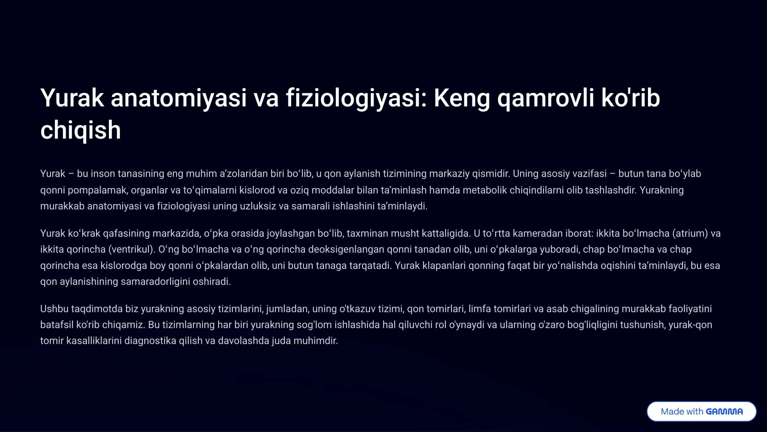 Yurak anatomiyasi va fiziologiyasi: Keng qamrovli ko'rib chiqish 1