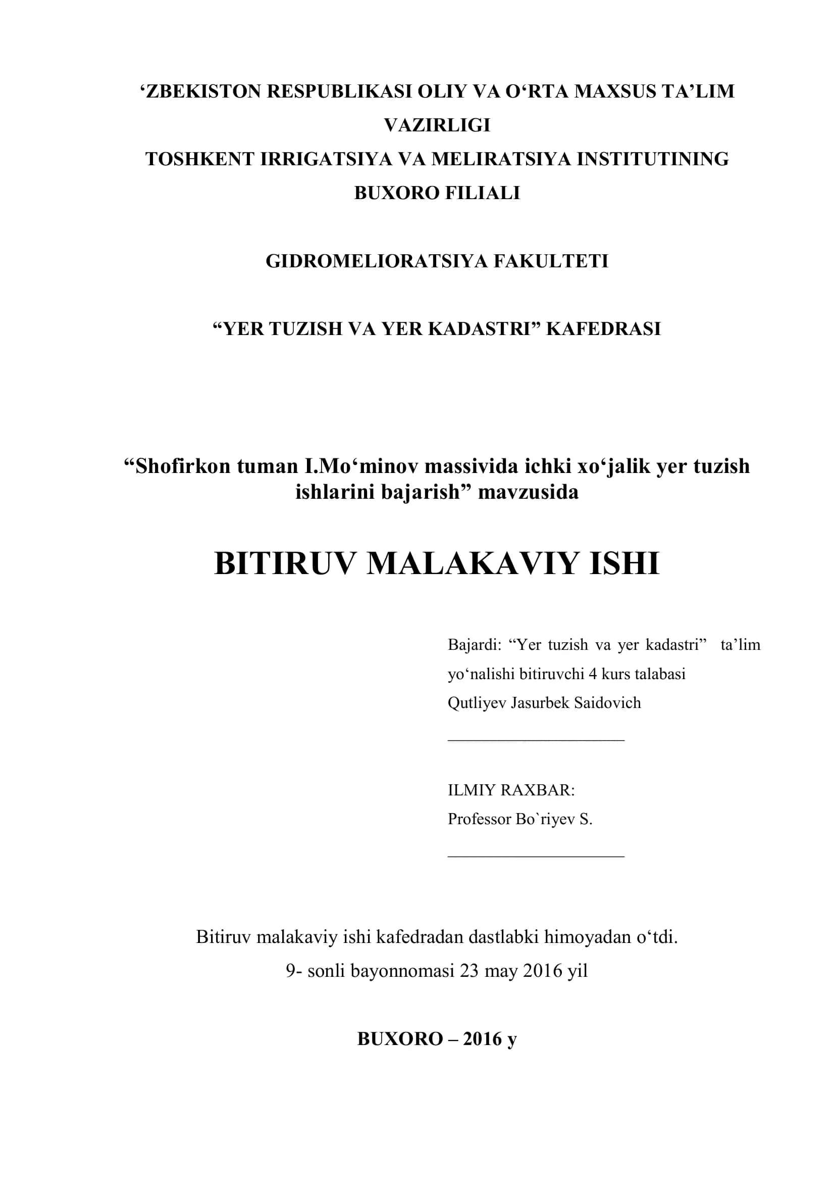 Shofirkon tuman I.Mo‘minov massivida ichki xo‘jalik yer tuzish ishlarini bajarish 1