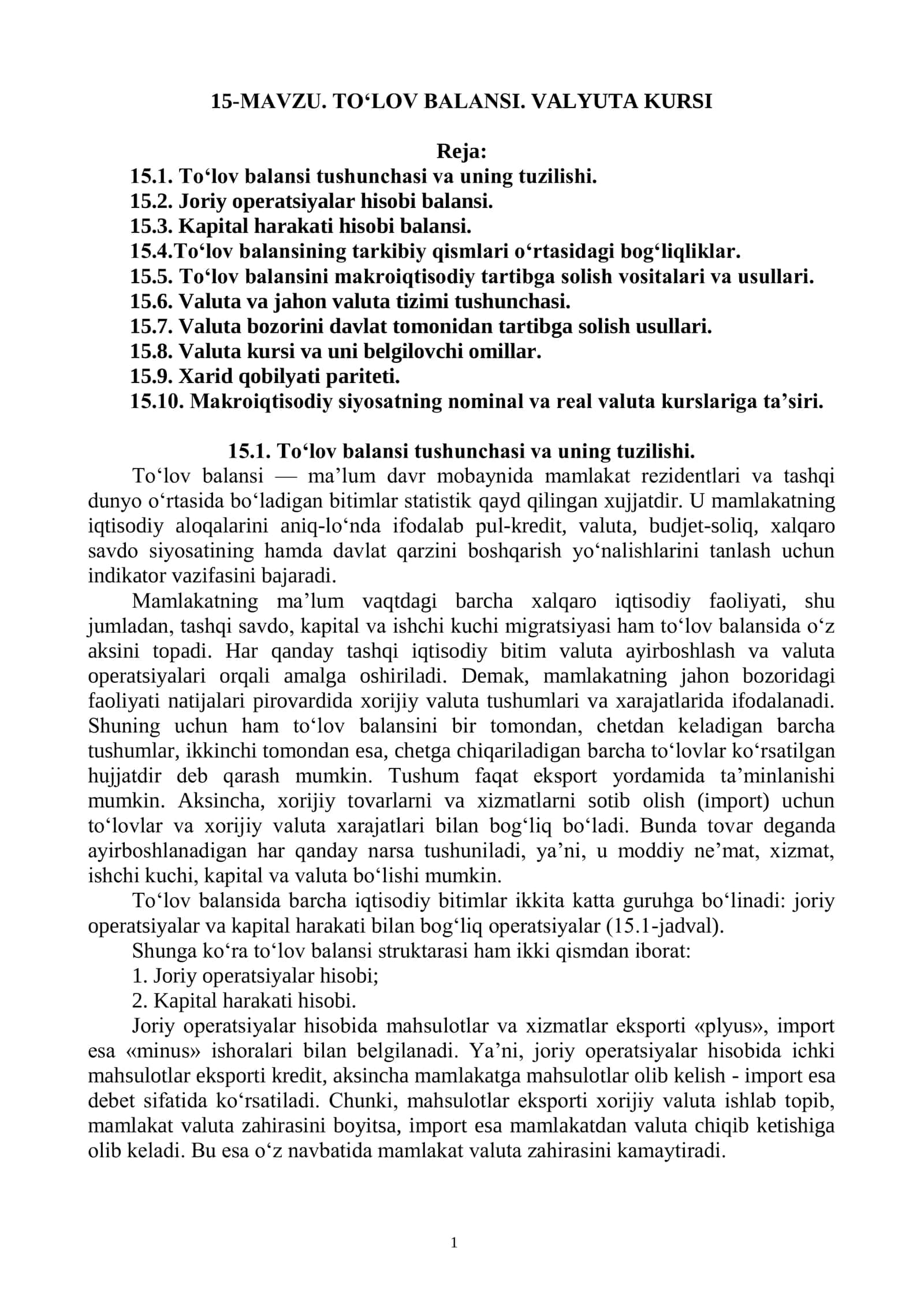TO‘LOV BALANSI. VALYUTA KURSI 1