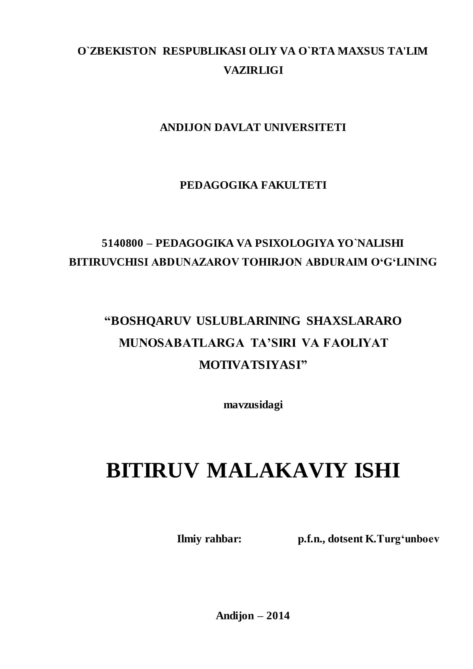 BOSHQARUV USLUBLARINING SHAXSLARARO MUNOSABATLARGA TA‟SIRI VA FAOLIYAT MOTIVATSIYASI 1