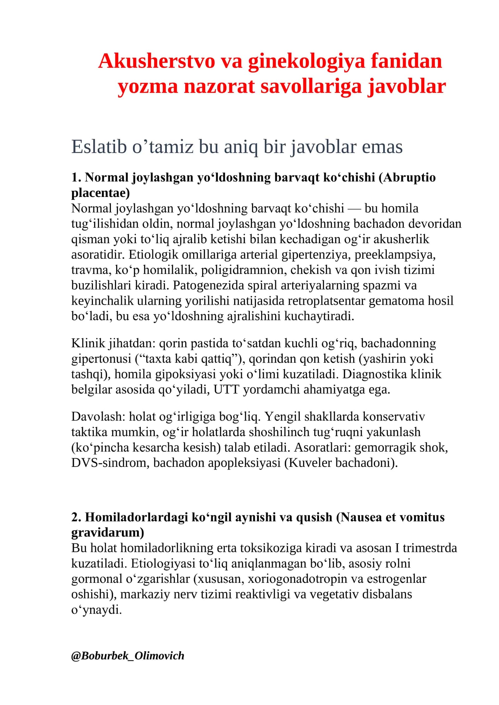 Normal joylashgan yo‘ldoshning barvaqt ko‘chishi (Abruptio placentae) 1