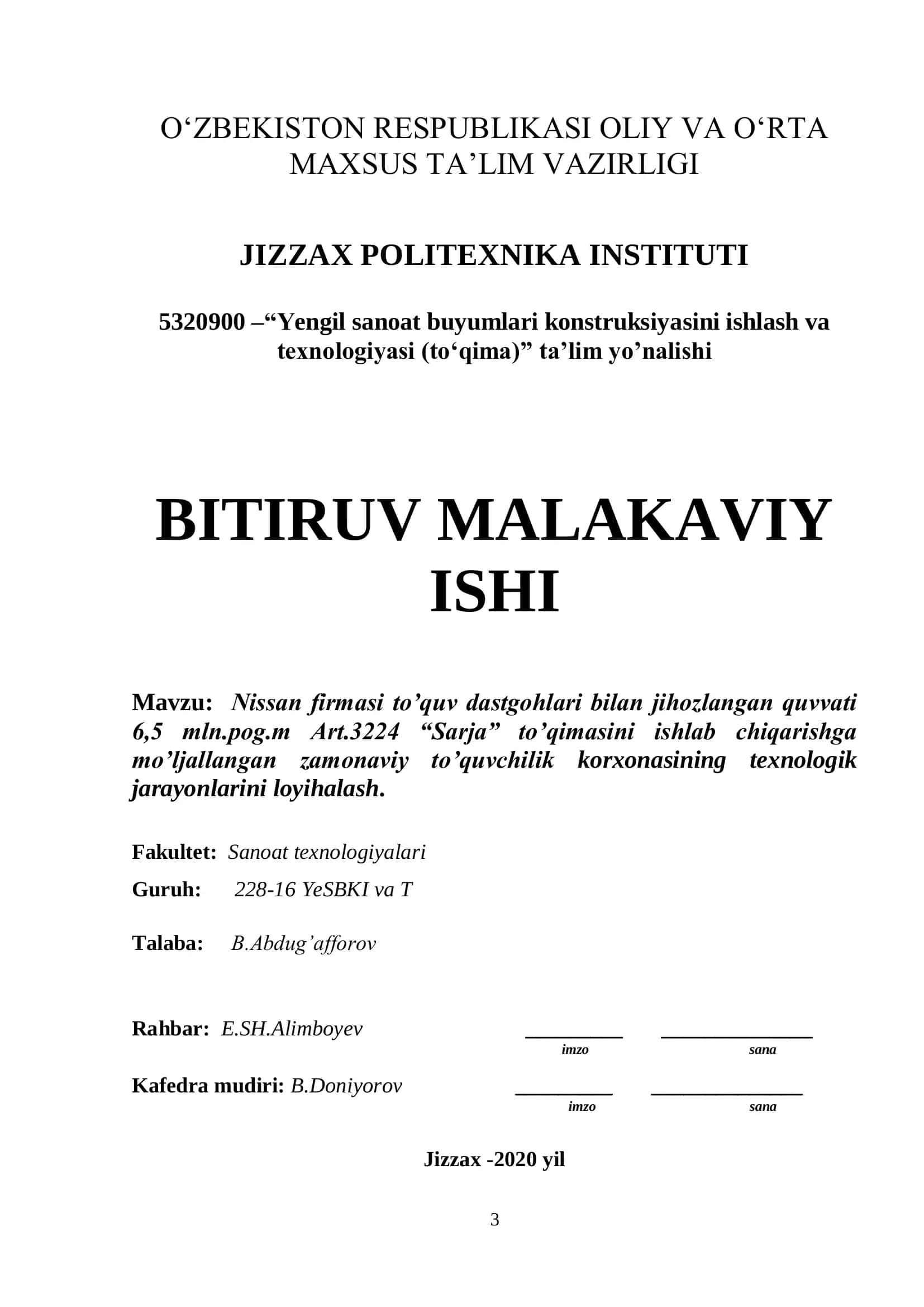 Yengil sanoat buyumlari konstruksiyasini ishlash va texnologiyasi (to‘qima) ta'lim yo’nalishi 1