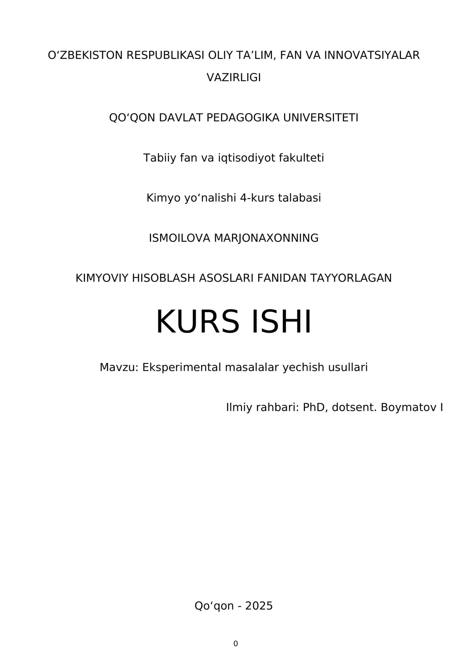 KIMYOVIY HISOBLASH ASOSLARI FANIDAN TAYYORLAGAN KURS ISHI 1