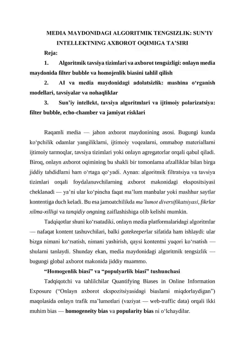 MEDIA MAYDONIDAGI ALGORITMIK TENGSIZLIK: SUN’IY INTELLEKTNING AXBOROT OQIMIGA TA’SIRI