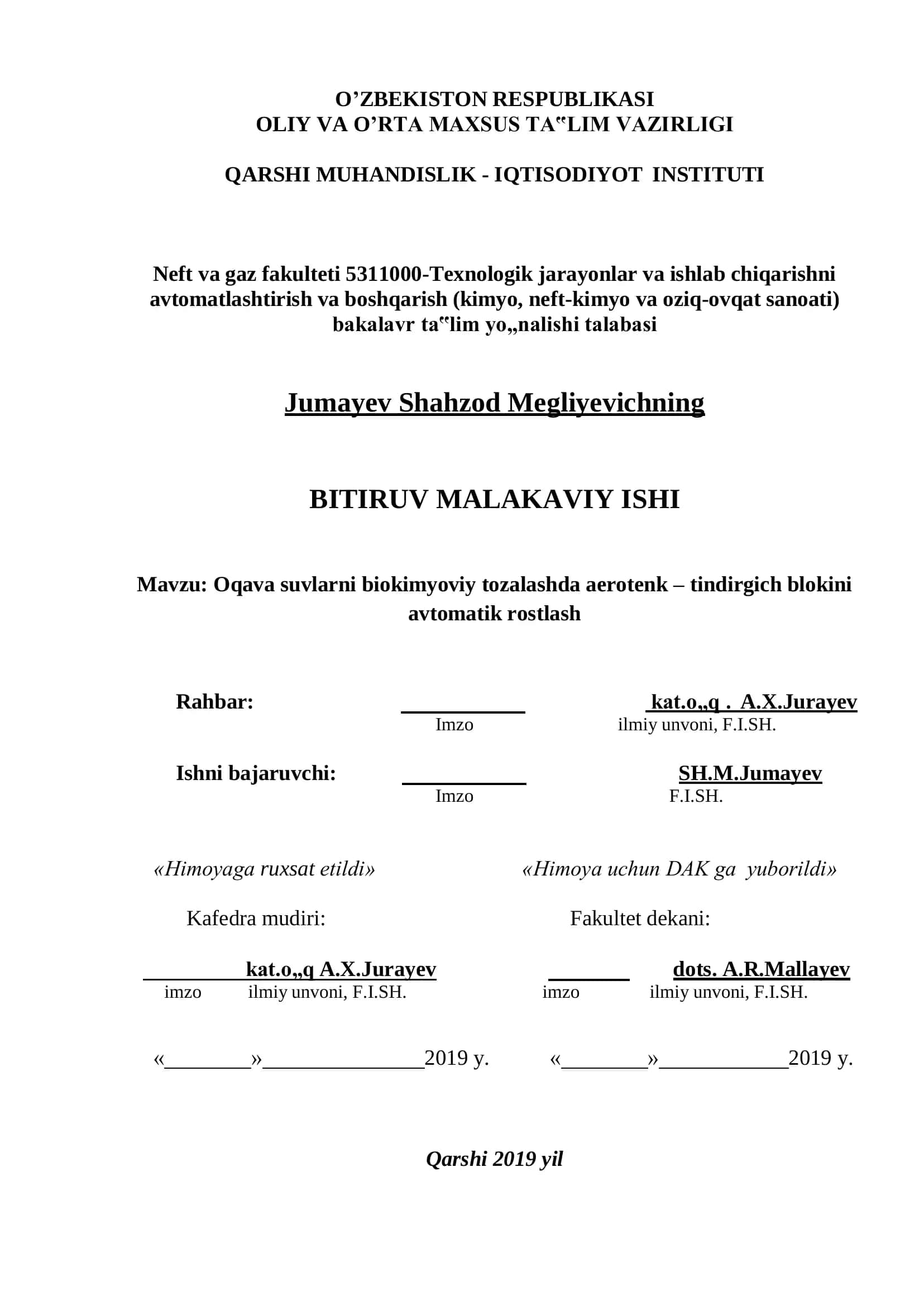 Oqava suvlarni biokimyoviy tozalashda aerotenk – tindirgich blokini avtomatik rostlash 1