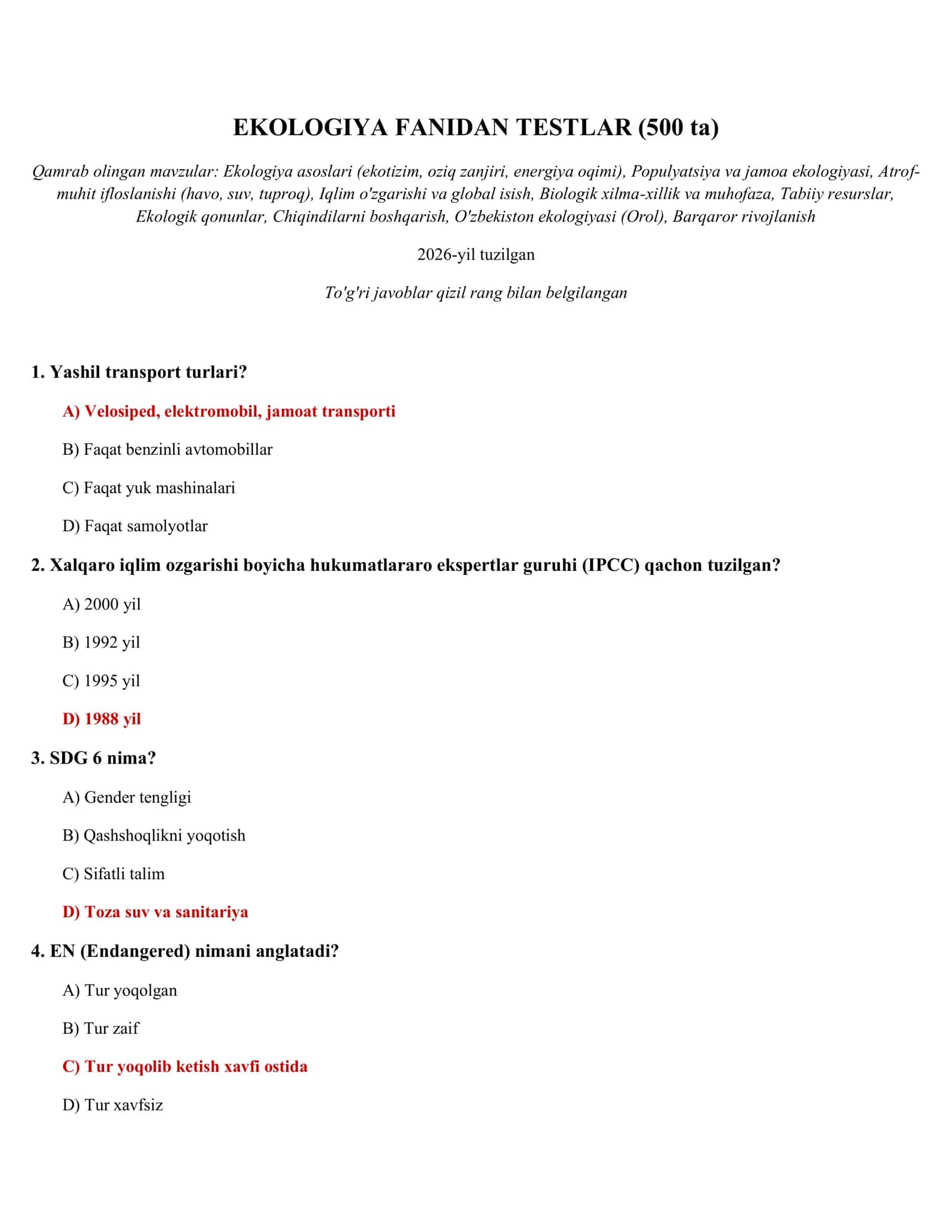 Ekologiya Fanidan Testlar 1