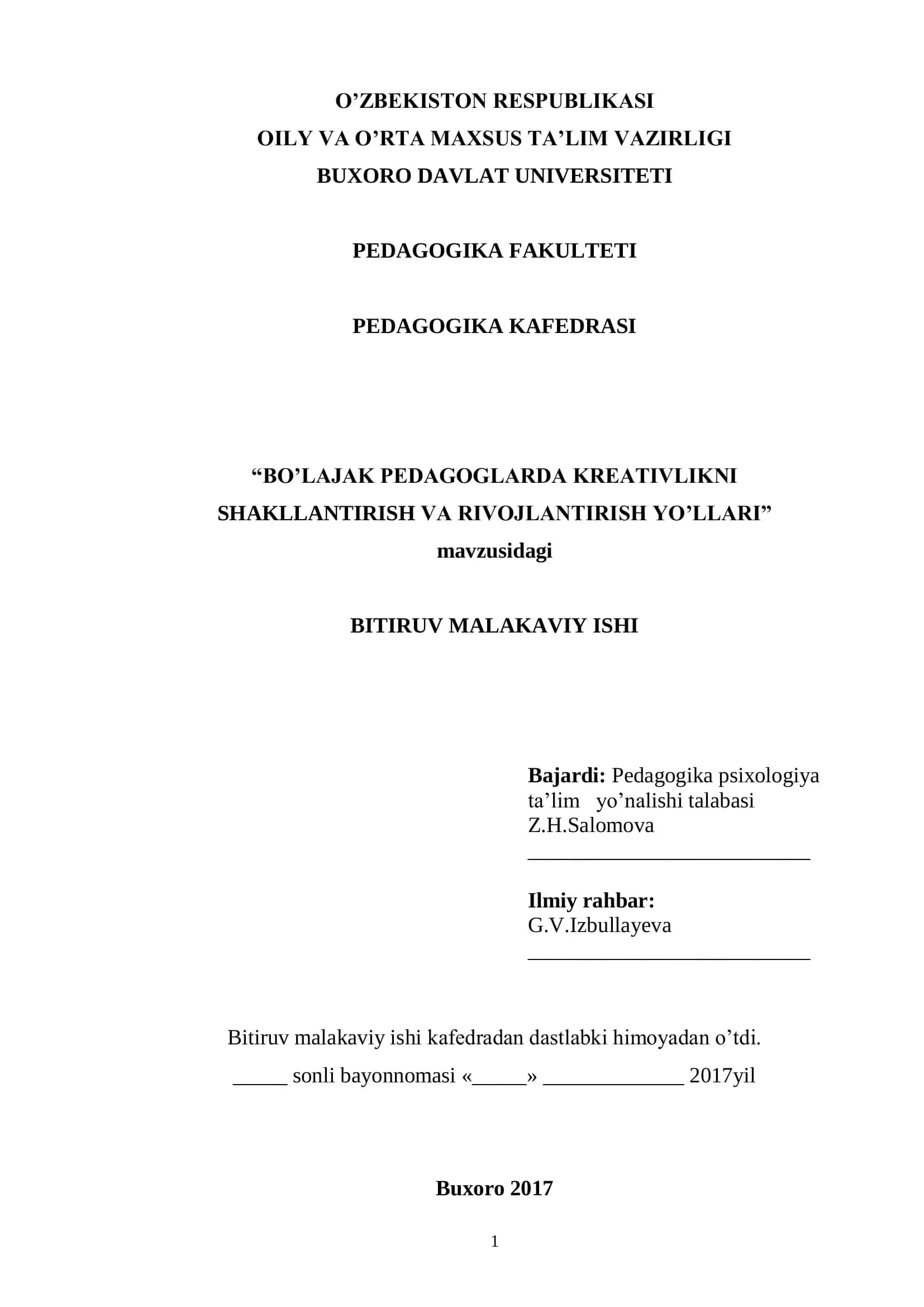 BO‟LAJAK PEDAGOGLARDA KREATIVLIKNI SHAKLLANTIRISH VA RIVOJLANTIRISH YO‟LLARI 1