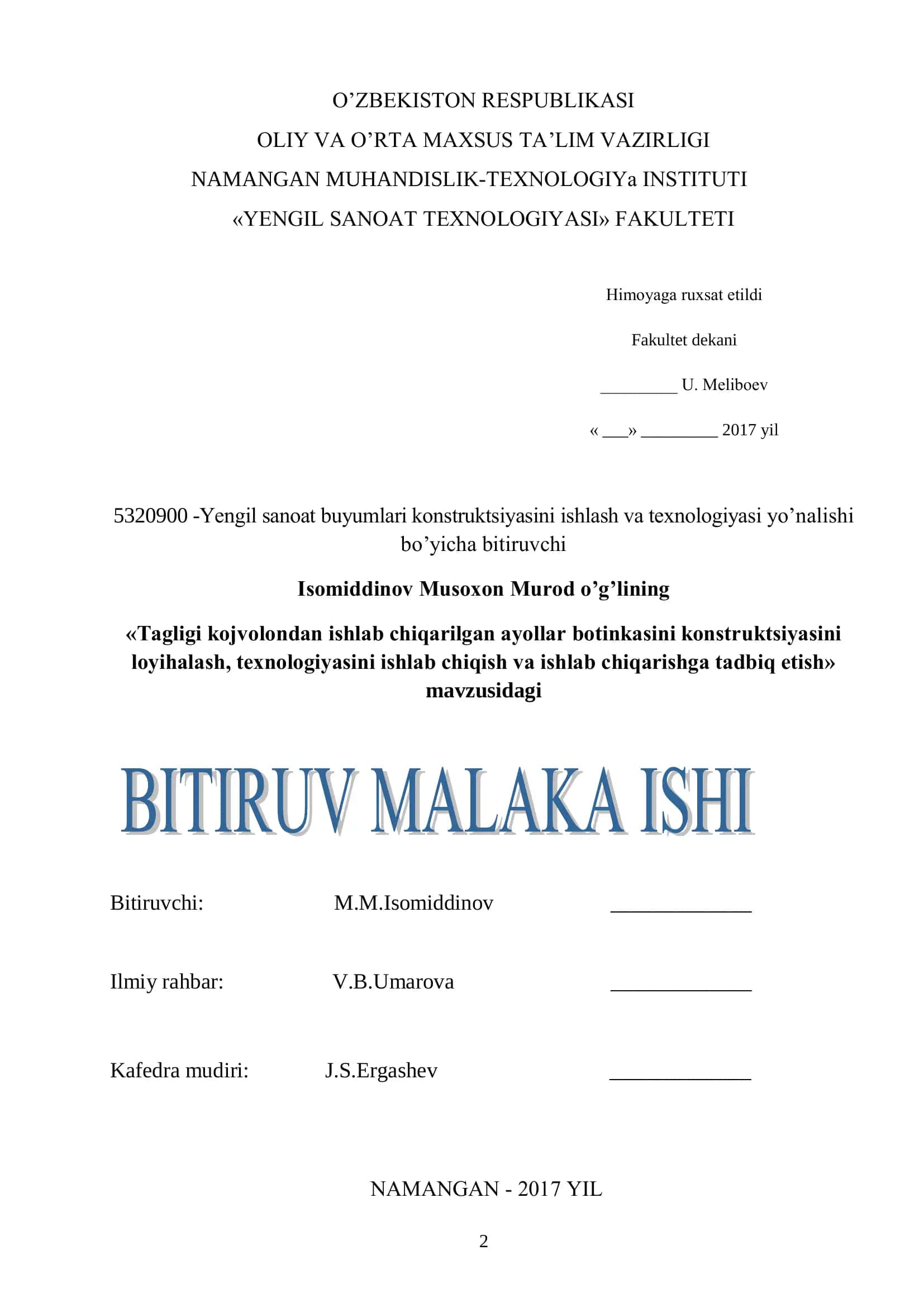 Tagligi kojvolondan ishlab chiqarilgan ayollar botinkasini konstruktsiyasini loyihalash, texnologiyasini ishlab chiqish va ishlab chiqarishga tadbiq etish 1