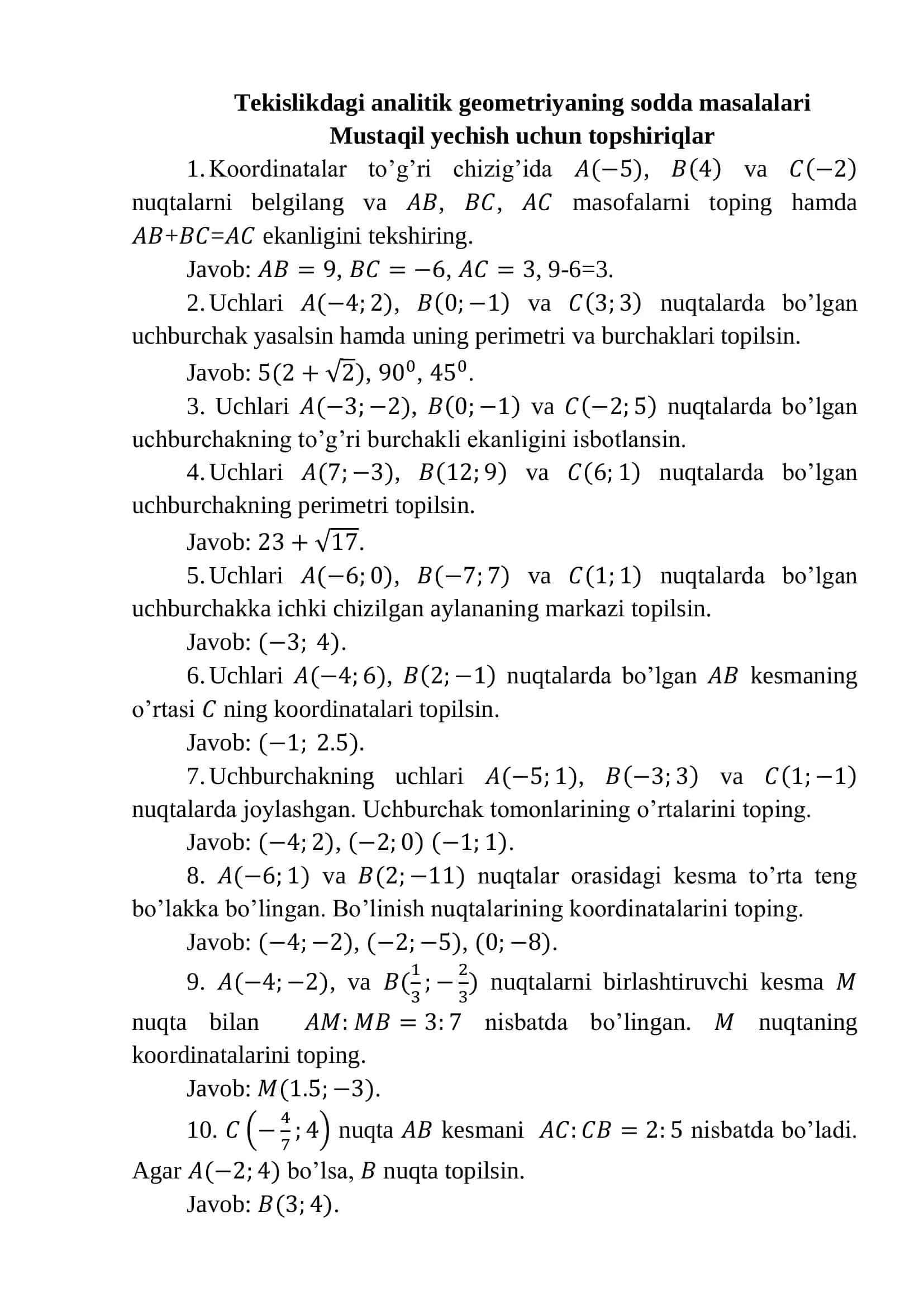 Tekislikdagi analitik geometriyaning sodda masalalari 1