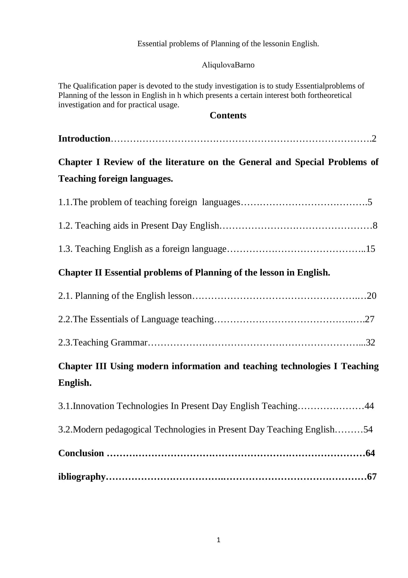 Essential problems of Planning of the lesson in English 1