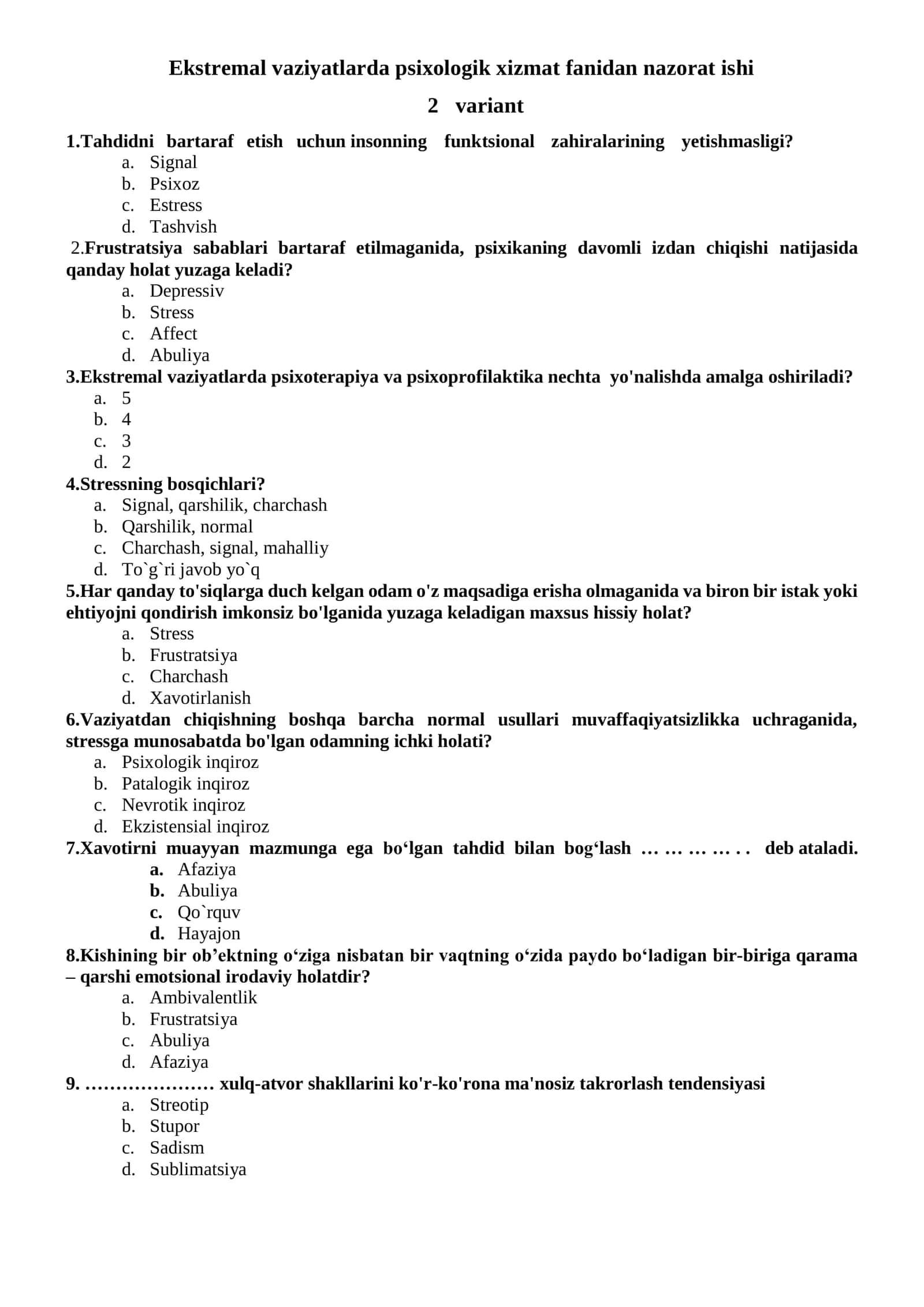 Ekstremal vaziyatlarda psixologik xizmat fanidan nazorat ishi 1
