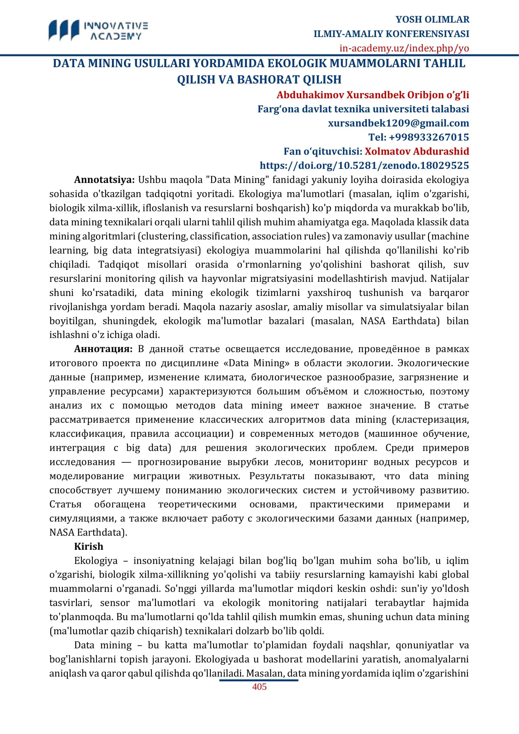 DATA MINING USULLARI YORDAMIDA EKOLOGIK MUAMMOLARNI TAHLIL QILISH VA BASHORAT QILISH 1