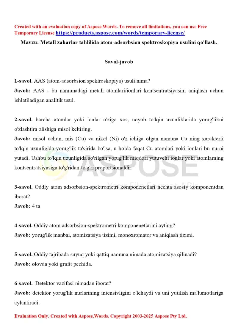 11. Metall zaharlar tahlilida atom-adsorbsion spektroskopiya usulini qo'llash. Savol-javob, 10 ta. 1