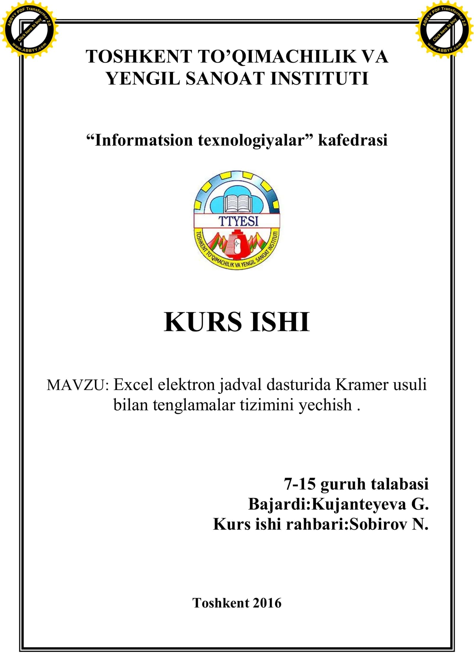 Excel elektron jadval dasturida Kramer usuli bilan tenglamalar tizimini yechish 1