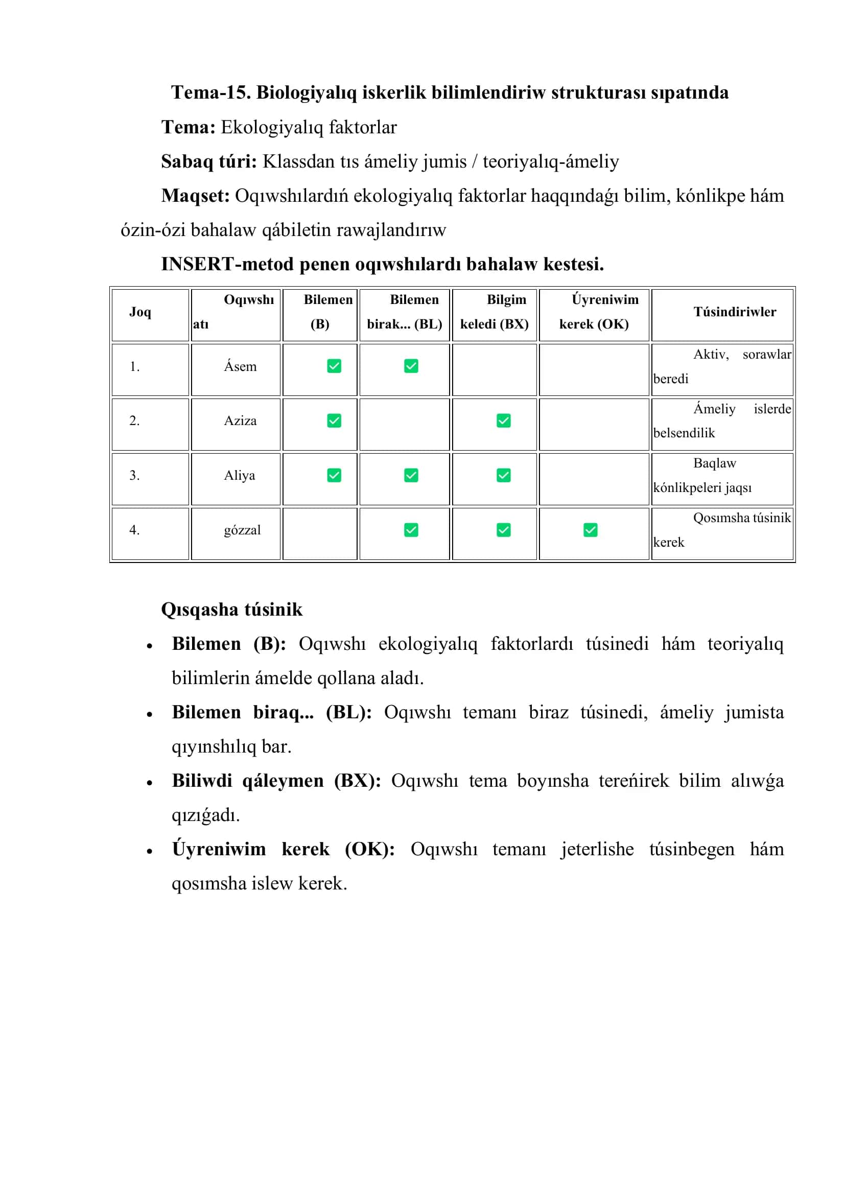 Tema-15. Biologiyalıq iskerlik bilimlendiriw strukturası sıpatında 1