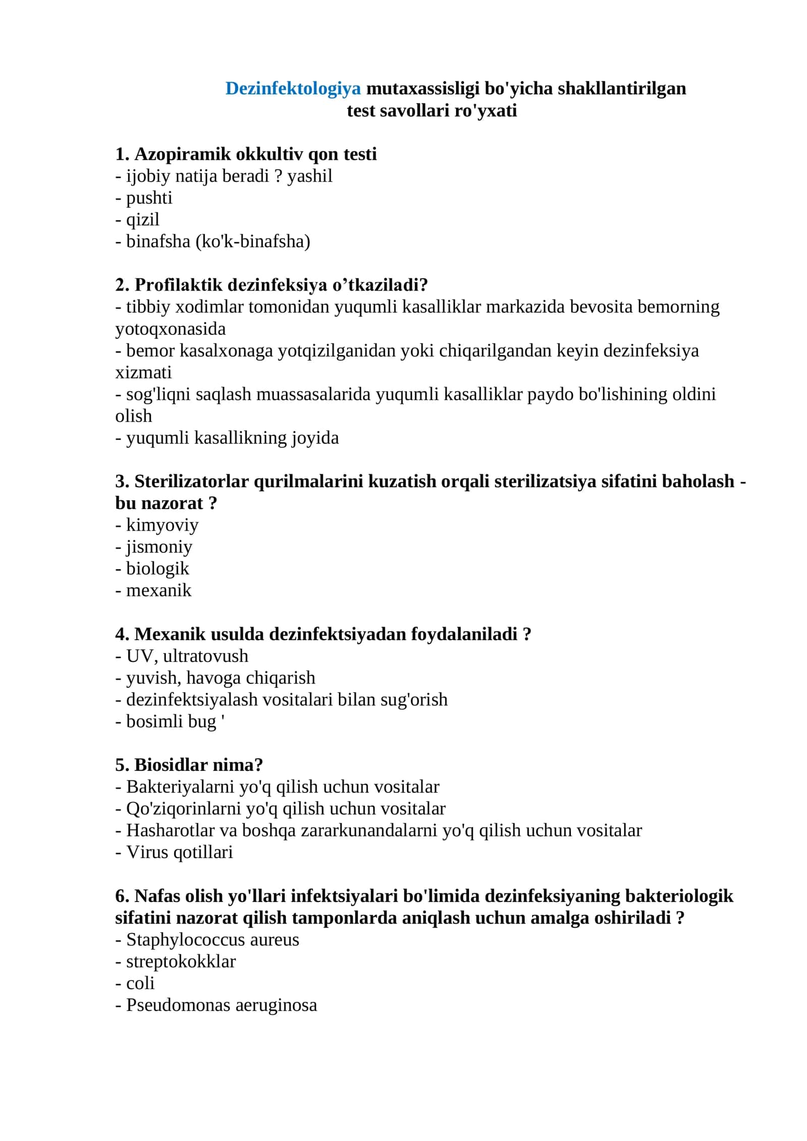 Dezinfektologiya mutaxassisligi bo'yicha shakllantirilgan test savollari ro'yxati 2026 1