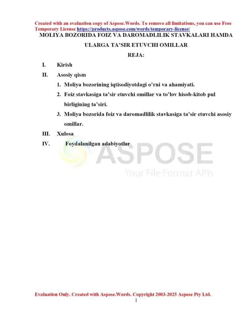 Moliya bozorida foiz va daromadlilik stavkalari hamda ularga ta’sir etuvchi omillar 1