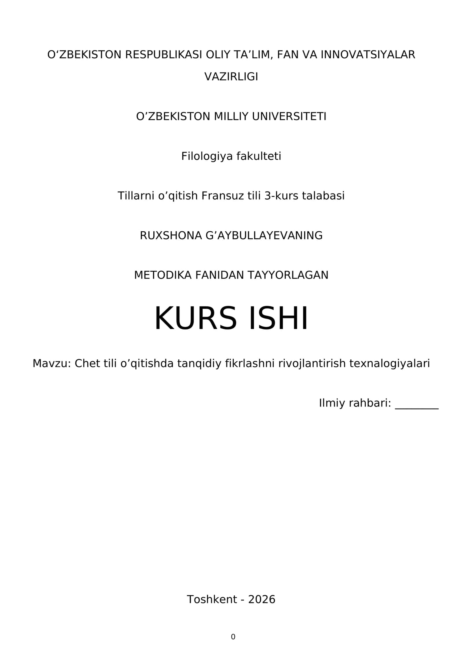 RUXSHONA G’AYBULLAYEVANING METODIKA FANIDAN TAYYORLAGAN KURS ISHI 1
