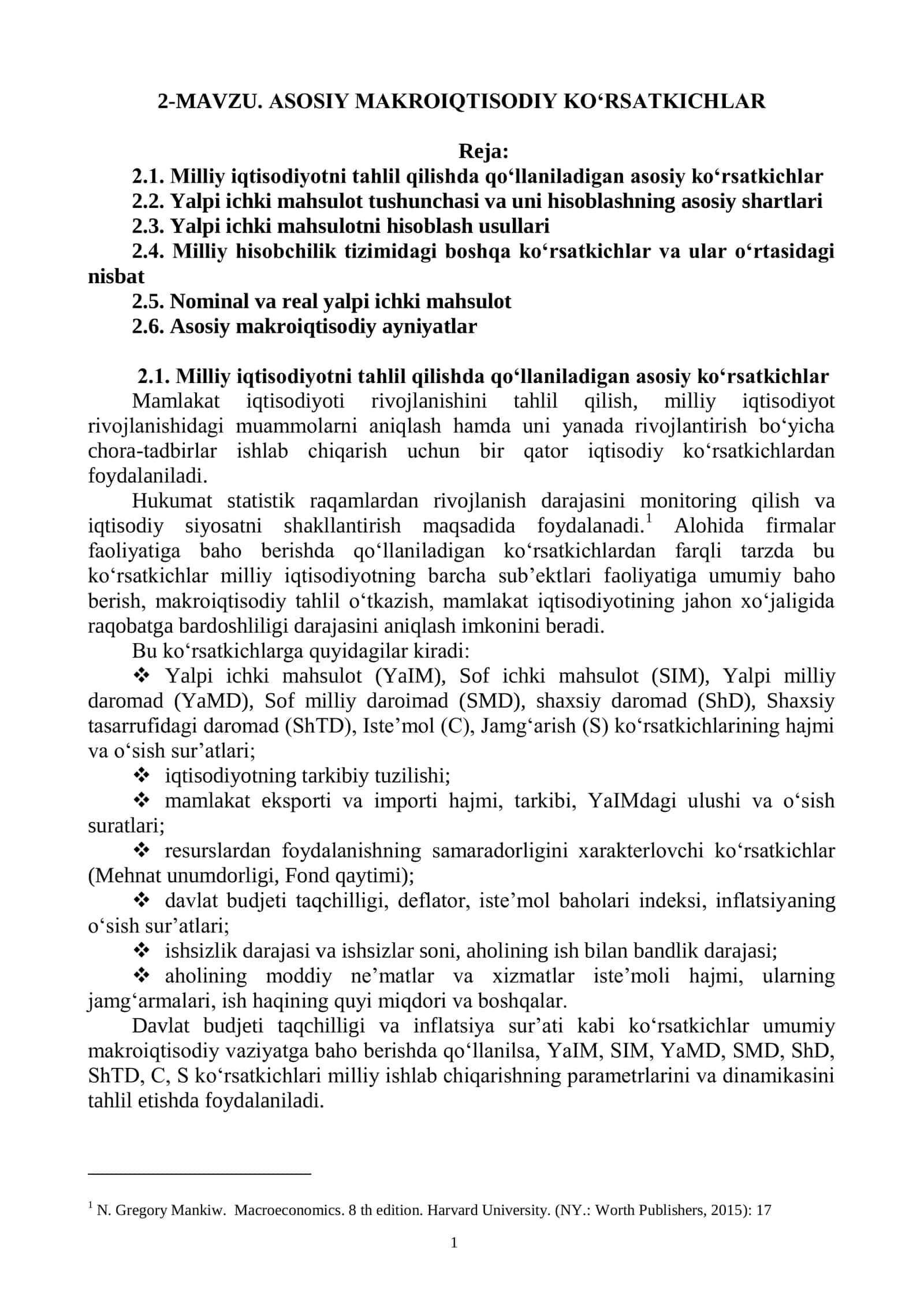 ASOSIY MAKROIQTISODIY KO‘RSATKICHLAR 1