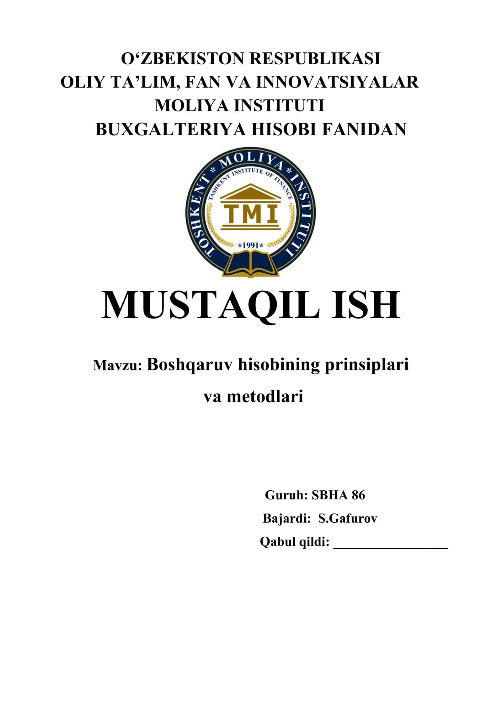 Boshqaruv hisobining prinsiplari va metodlari 1