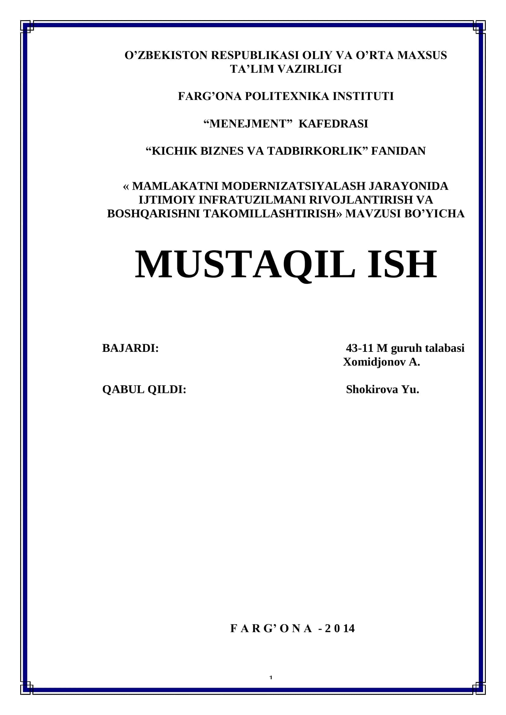 MAMLAKATNI MODERNIZATSIYALASH JARAYONIDA IJTIMOIY INFRATUZILMANI RIVOJLANTIRISH VA BOSHQARISHNI TAKOMILLASHTIRISH 1