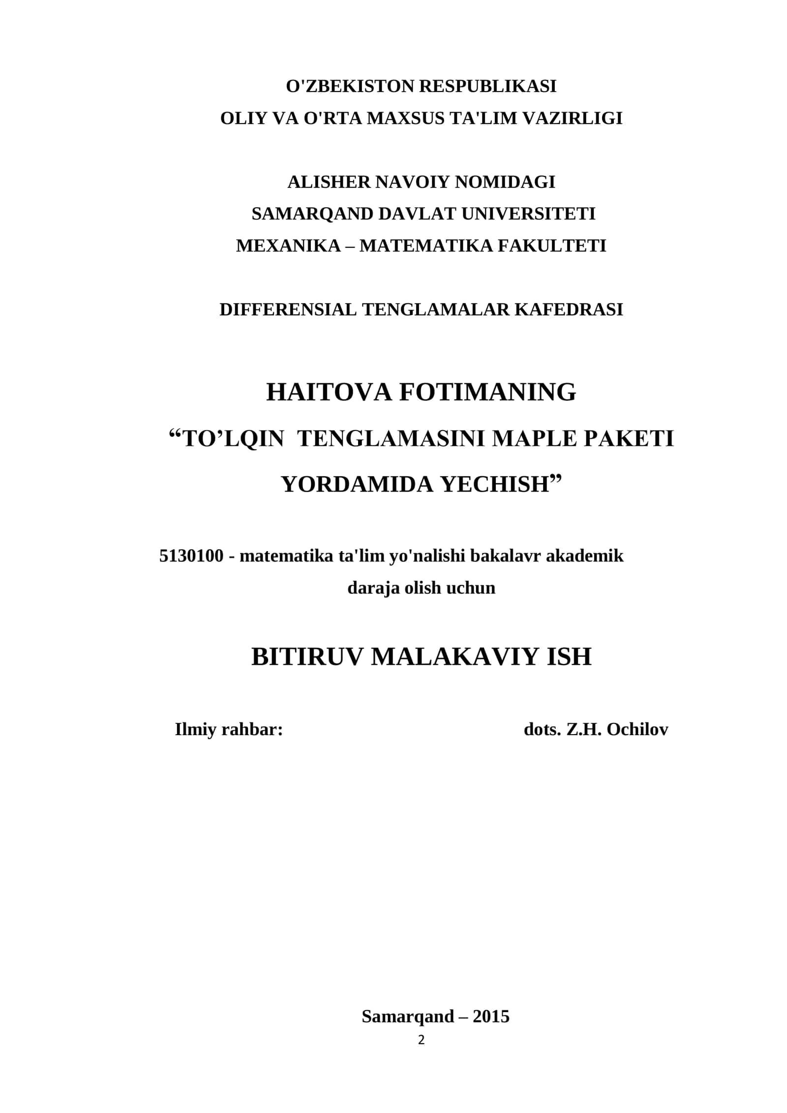 TO’LQIN TENGLAMASINI MAPLE PAKETI YORDAMIDA YECHISH 1