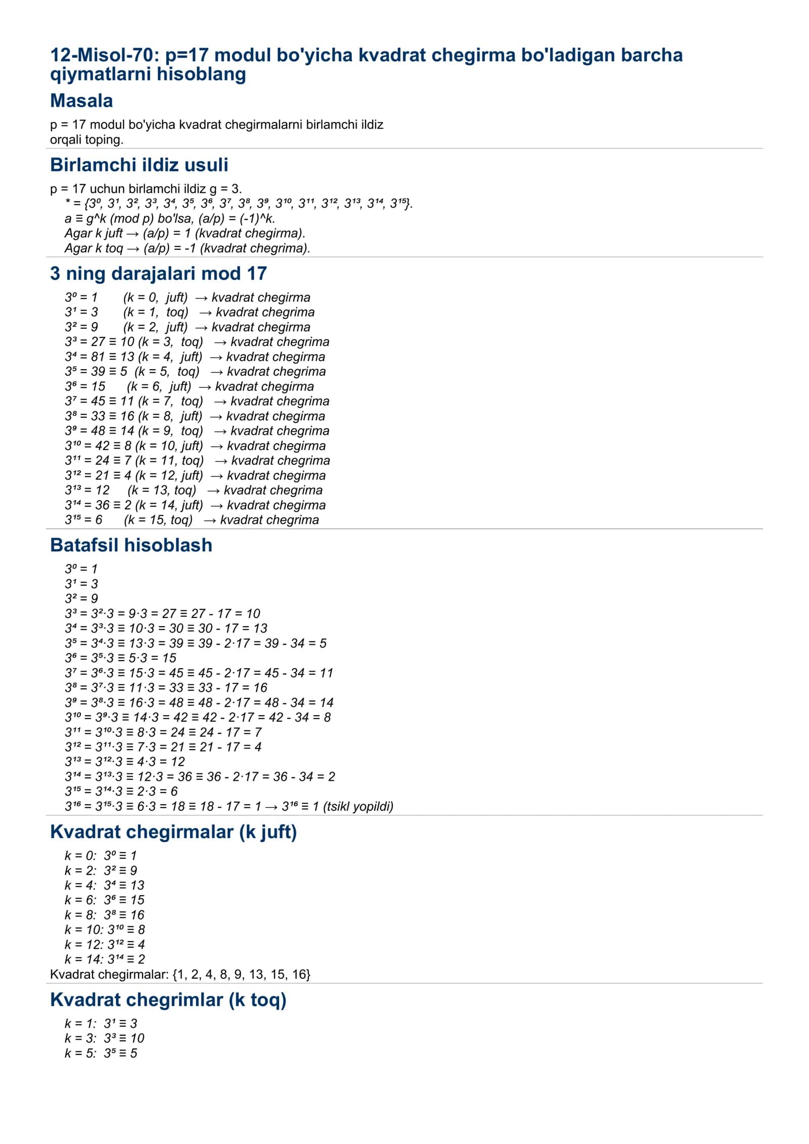 12-Misol-70: p=17 modul bo'yicha kvadrat chegirma bo'ladigan barcha qiymatlarni hisoblang 1