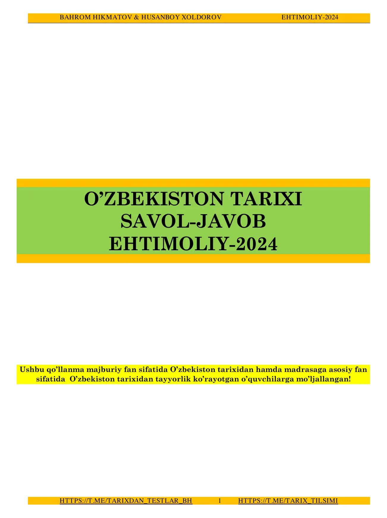 O'zbekiston tarixidan majburiy testlar to'plami 2825 ta, javoblari bilan! 1