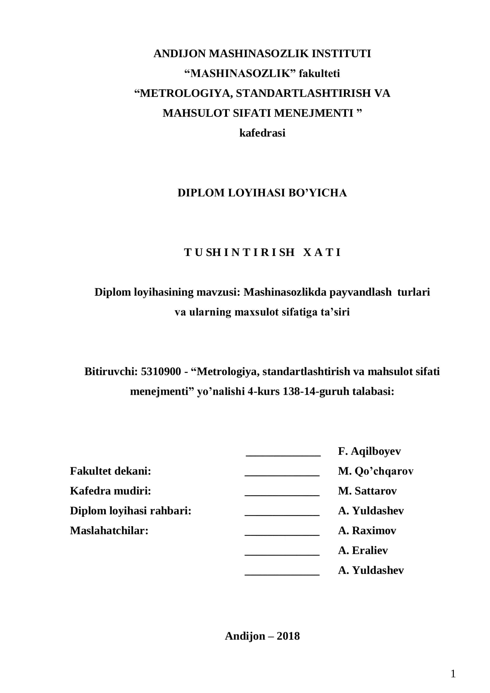 Metrologiya, standartlashtirish va mahsulot sifati menejmenti 1