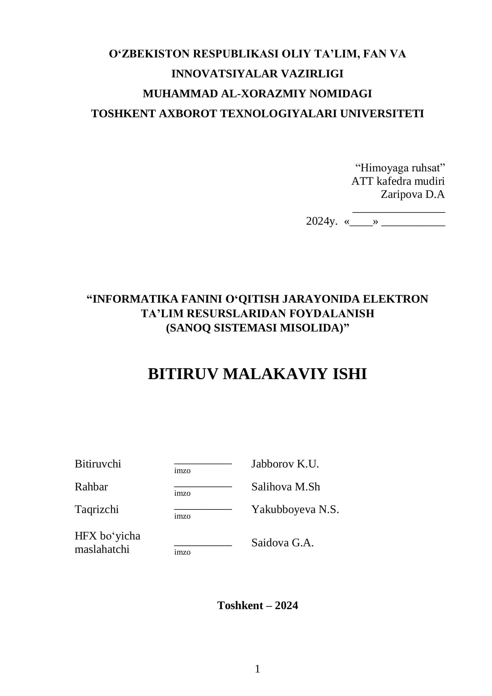 Informatika Fanini O‘qitish Jarayonida Elektron Ta‘lim Resurslaridan Foydalanish Diplom ishi 1