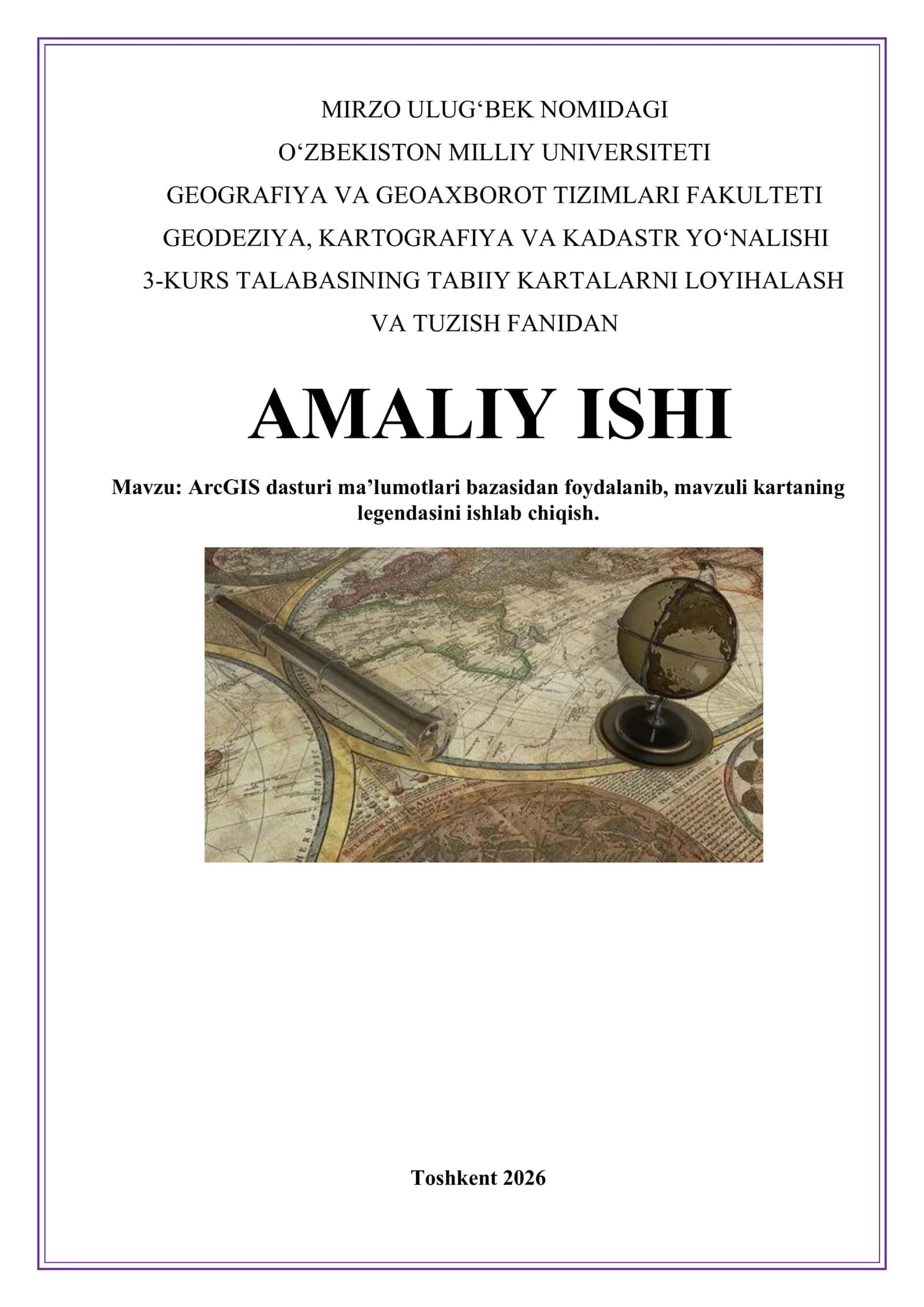 ArcGIS dasturi ma’lumotlari bazasidan foydalanib, mavzuli kartaning legendasini ishlab chiqish. 1