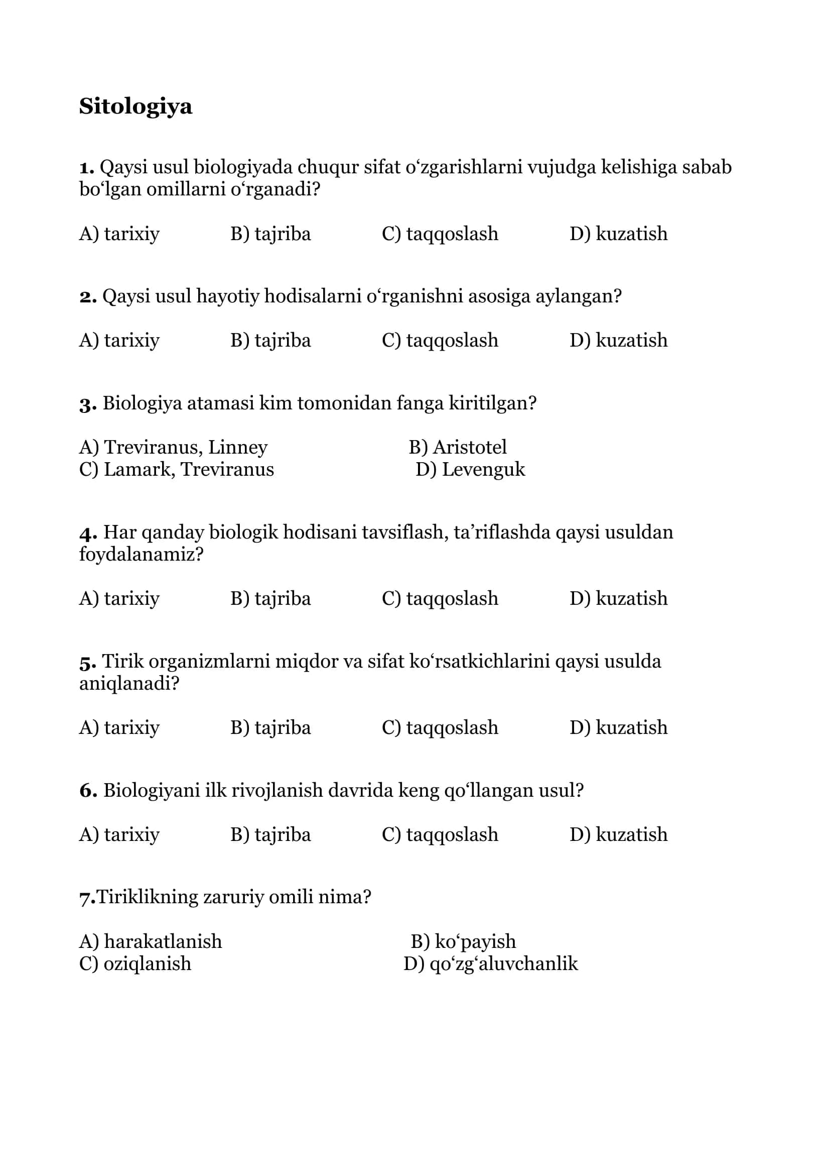 Sitologiya test 1