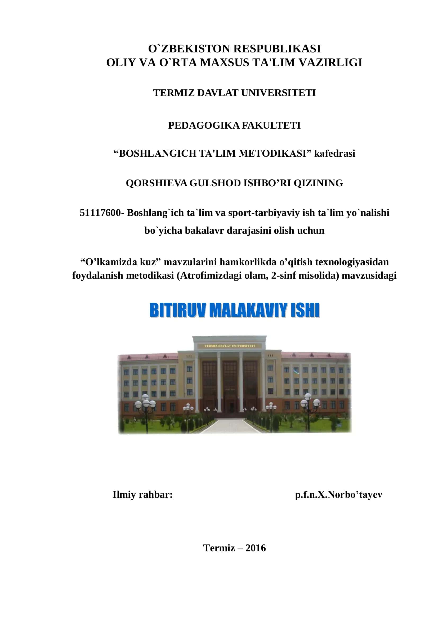 "BOSHLANGICH TA'LIM METODIKASI" 1