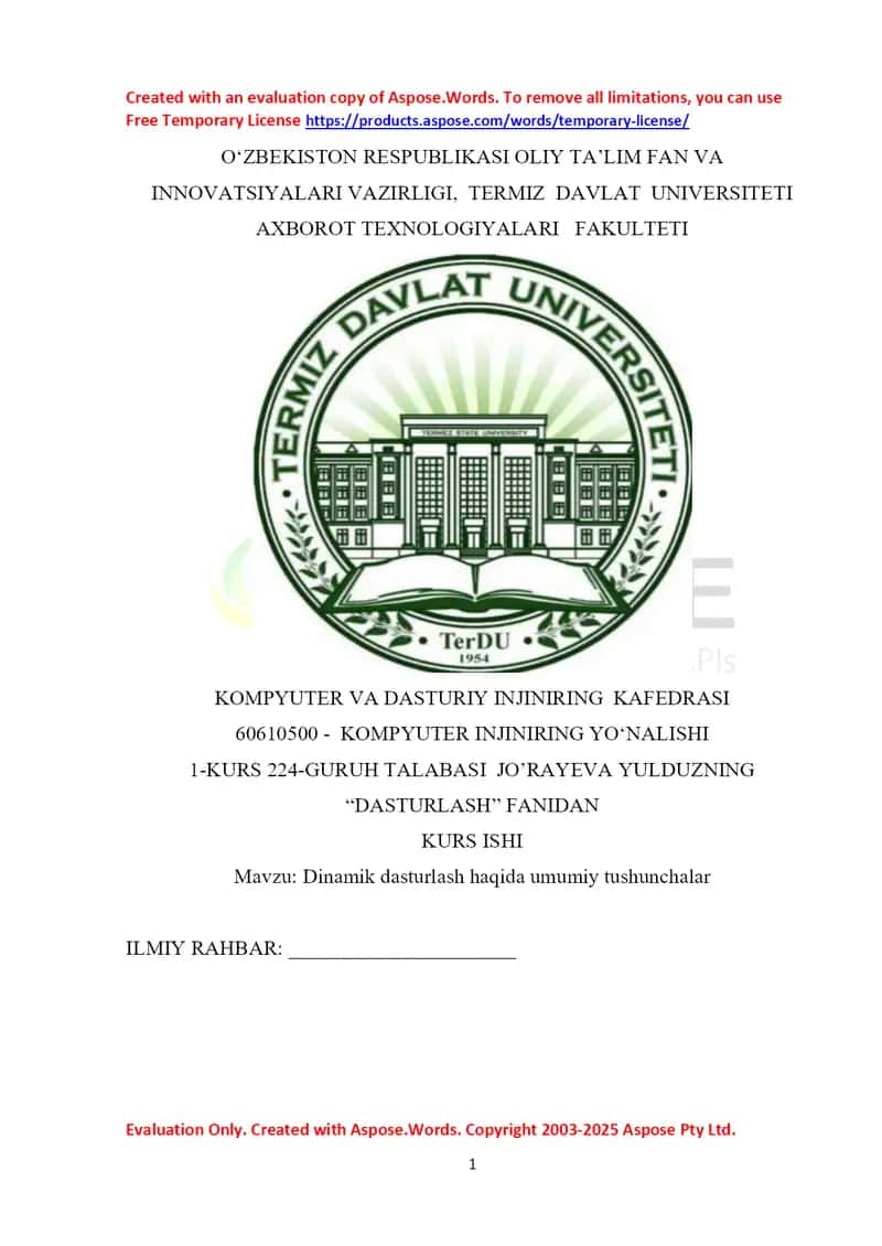Dinamik dasturlash haqida umumiy tushunchalar kurs ishi 1