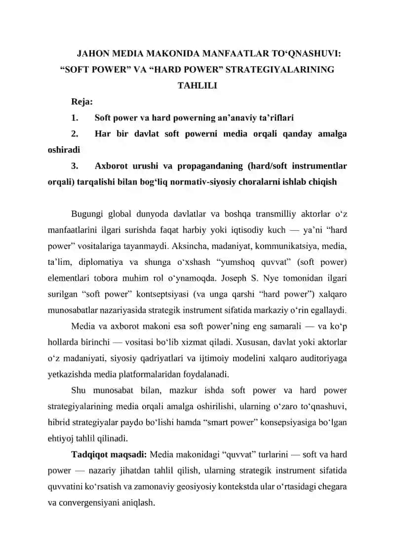 JAHON MEDIA MAKONIDA MANFAATLAR TO‘QNASHUVI: “SOFT POWER” VA “HARD POWER” STRATEGIYALARINING TAHLILI