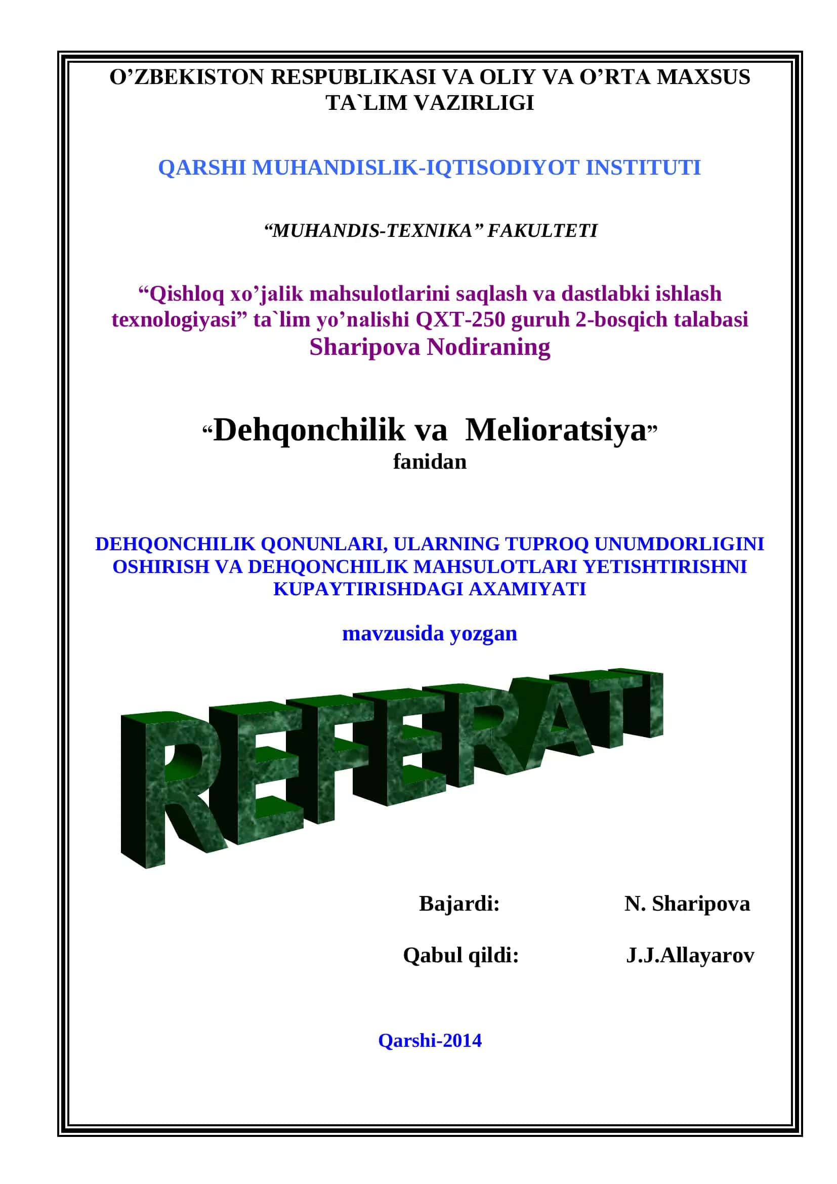 Qishloq xo’jalik mahsulotlarini saqlash va dastlabki ishlash texnologiyasi 1