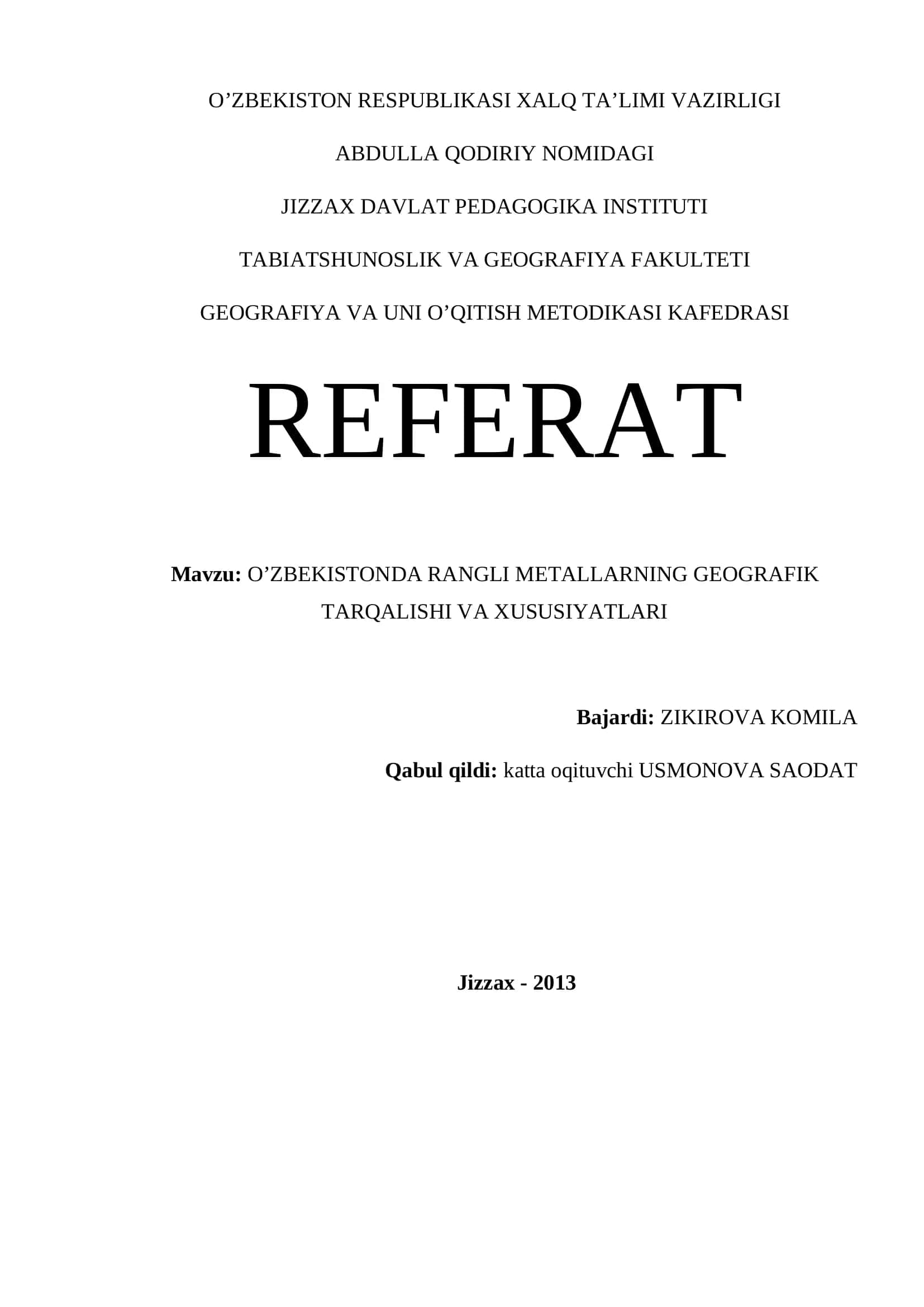 O’ZBEKISTONDA RANGLI METALLARNING GEOGRAFIK TARQALISHI VA XUSUSIYATLARI 1
