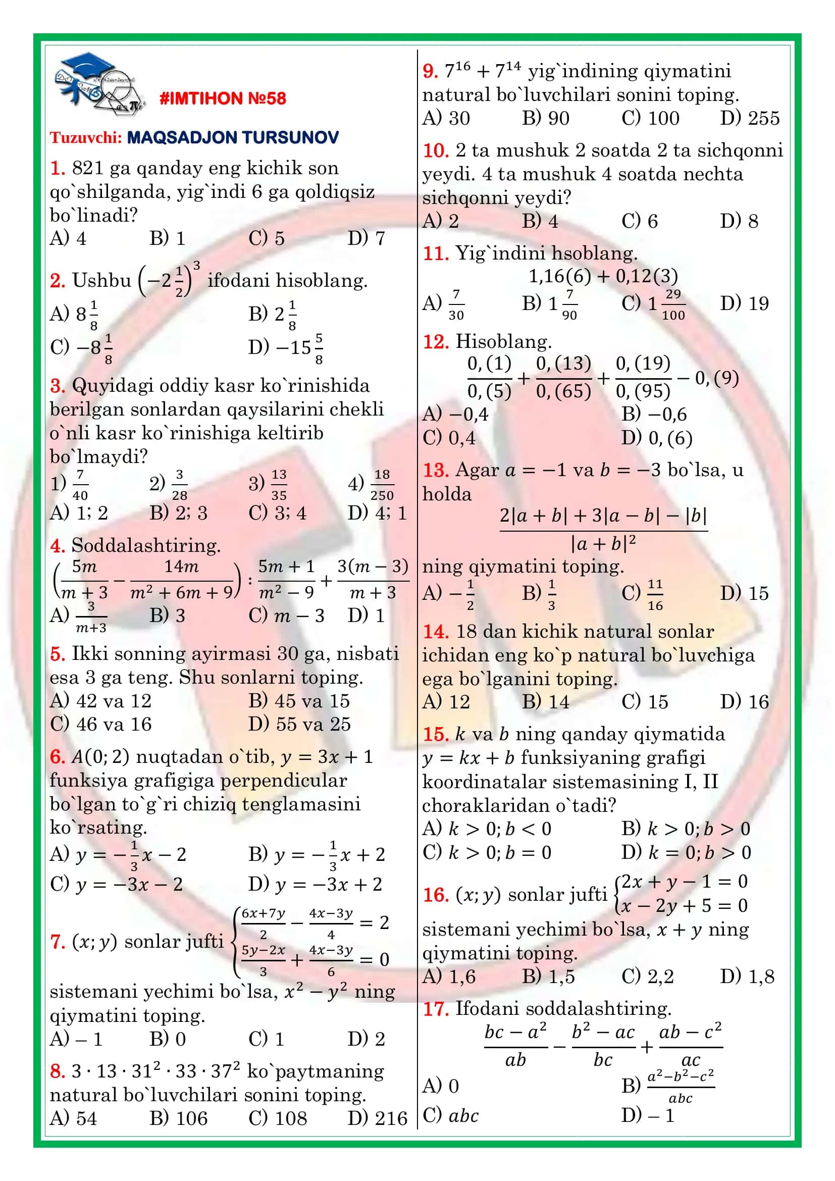 Chiziqli funksiya mavzusiga oid imtihon 1