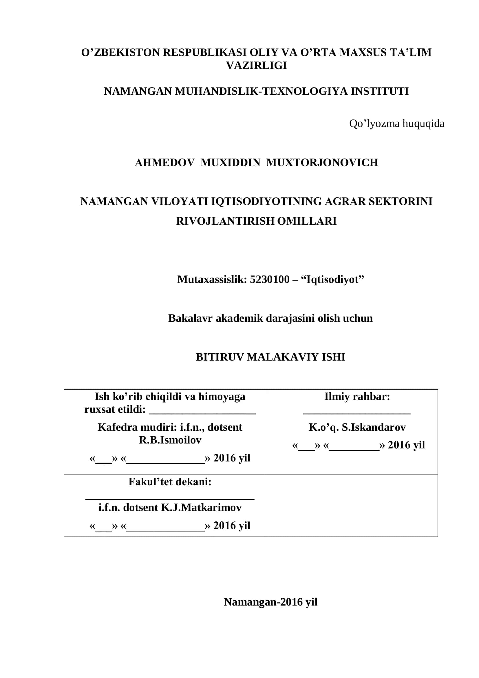 Agrar tarmoqni barqaror rivojlantirishning zaruriyati va o’ziga xos xususiyatlari 1