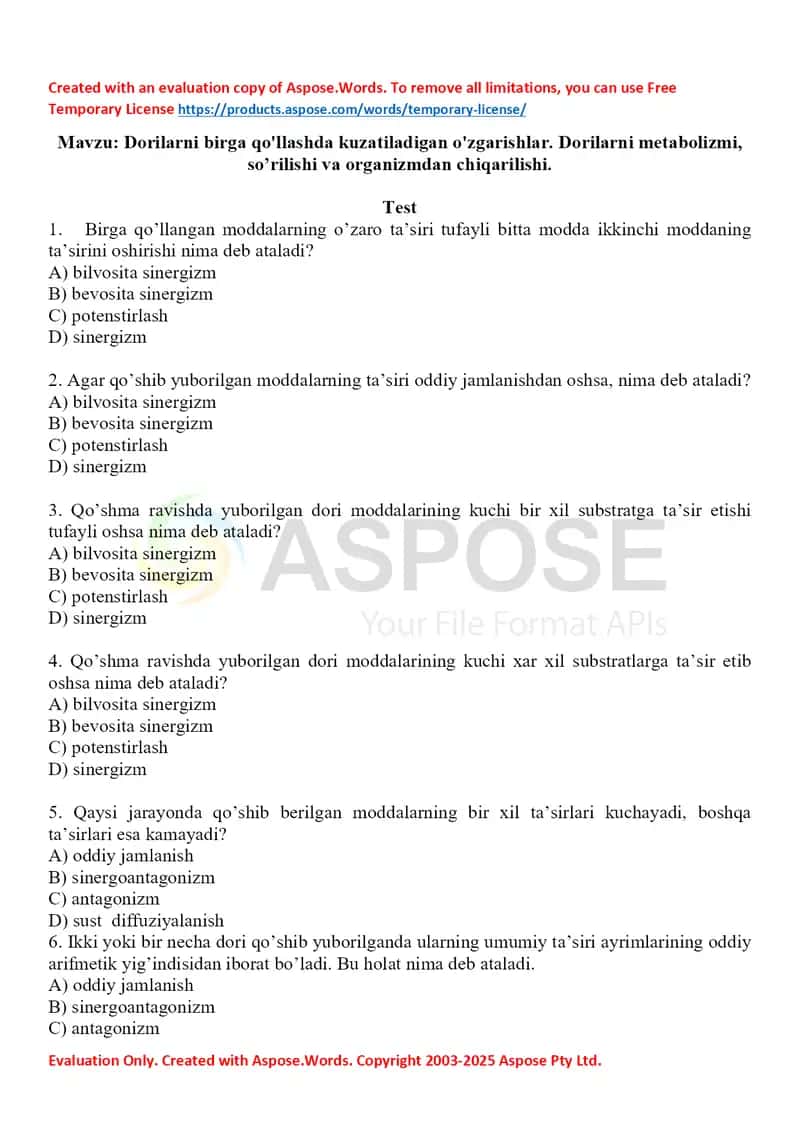 Dorilarni birga qo'llashda kuzatiladigan o'zgarishlar. Dorilarni metabolizmi, so’rilishi va organizmdan chiqarilishi. Test 10 ta, javobli. 1