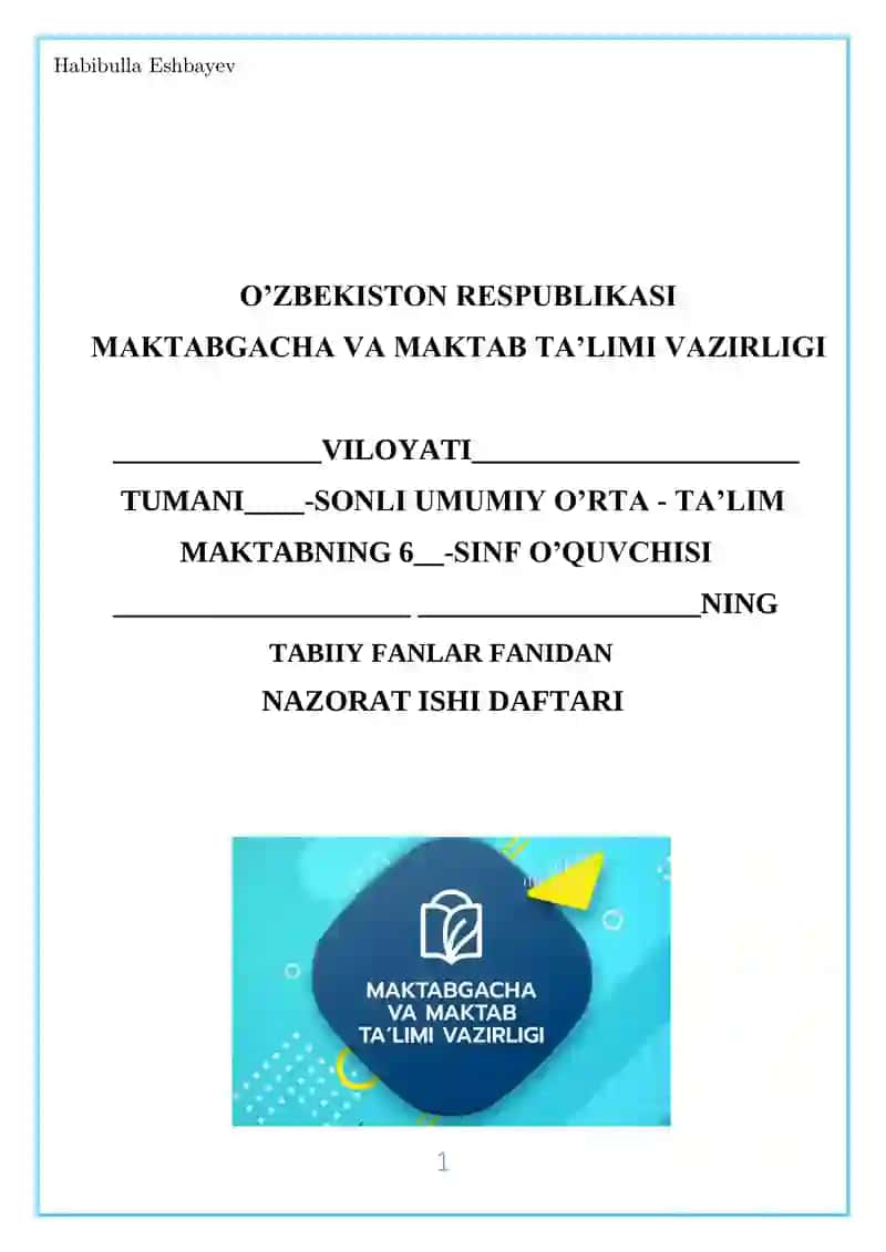 Nazorat ishi – Tabiy fan 6- sinflar uchun