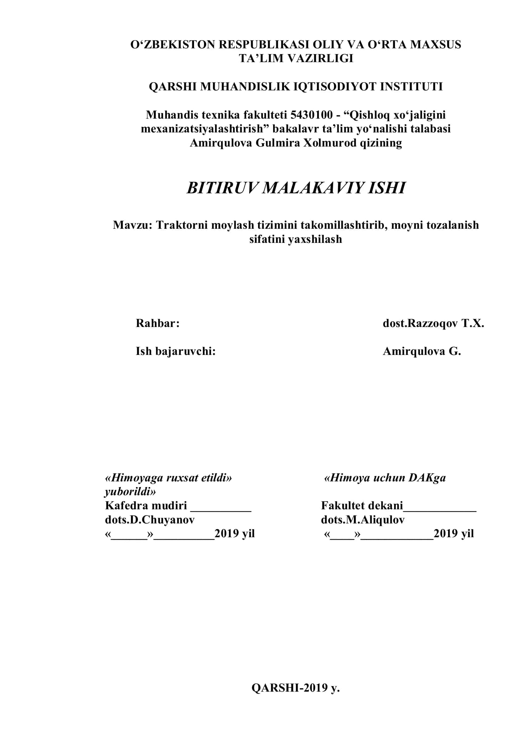 Traktorni moylash tizimini takomillashtirib, moyni tozalanish sifatini yaxshilash 1