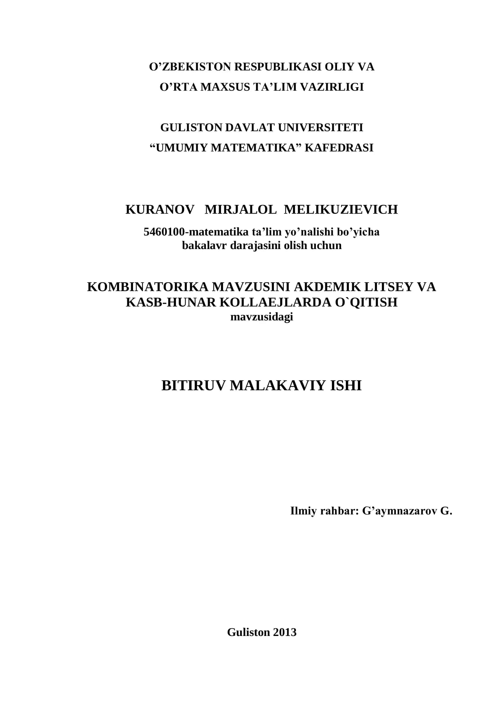 KOMBINATORIKA MAVZUSINI AKDEMIK LITSEY VA KASB-HUNAR KOLLAEJLARDA O`QITISH BITIRUV MALAKAVIY ISHI 1