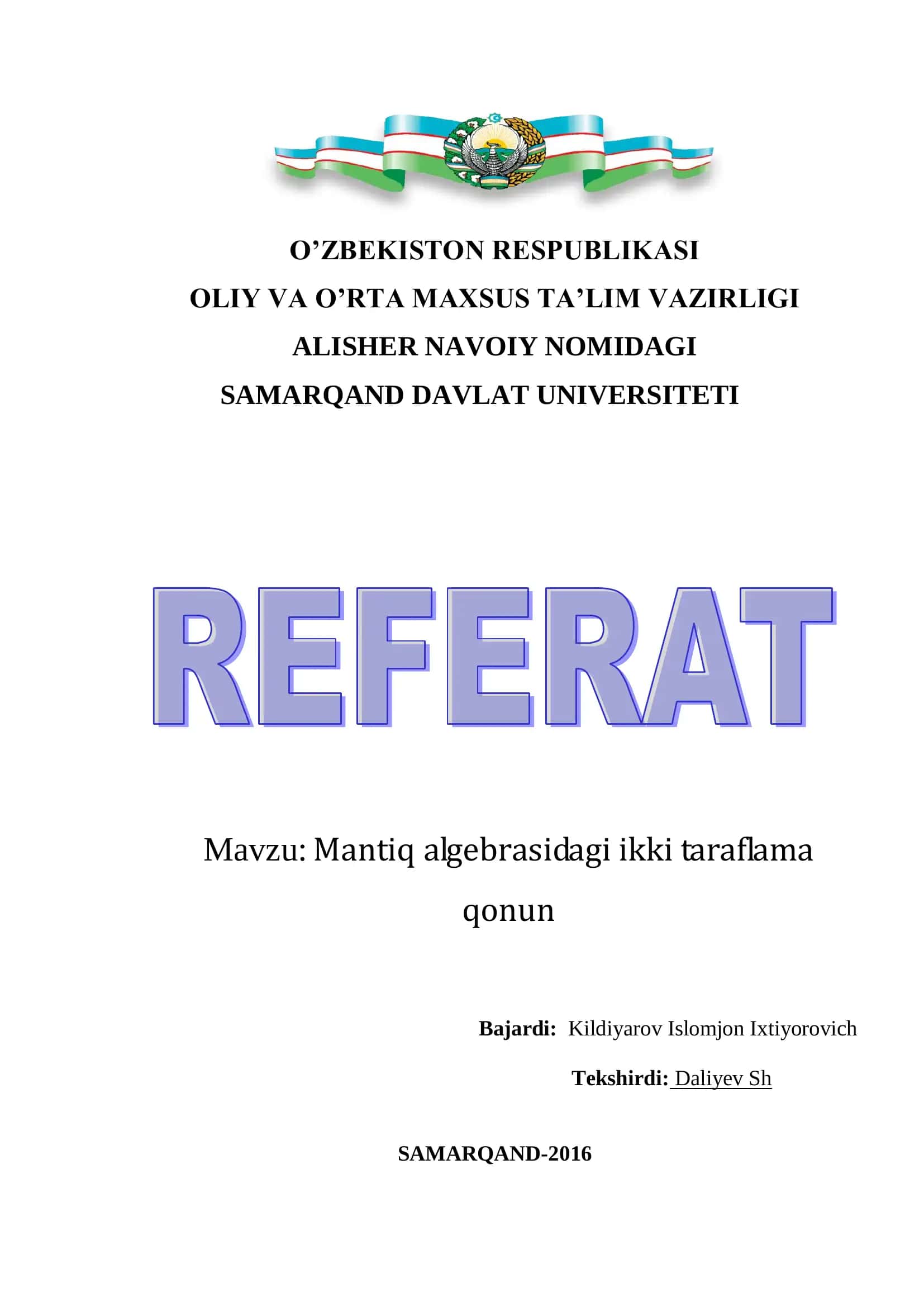 Mantiq algebrasidagi ikki taraflama qonun 1