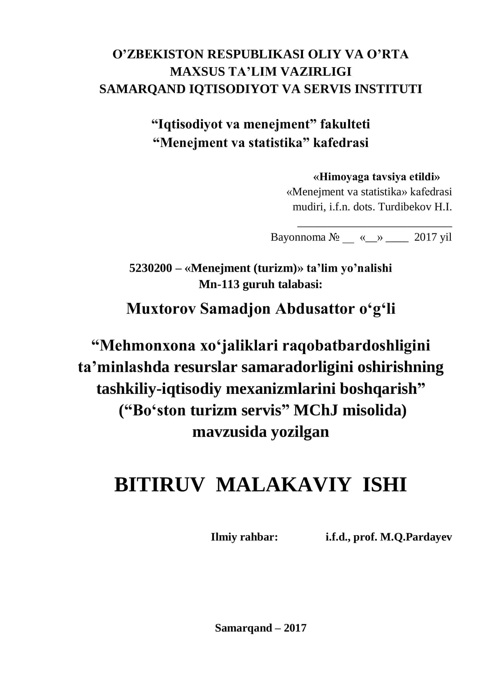 «Bo‘ston turizm servis» MChJ misolida 1