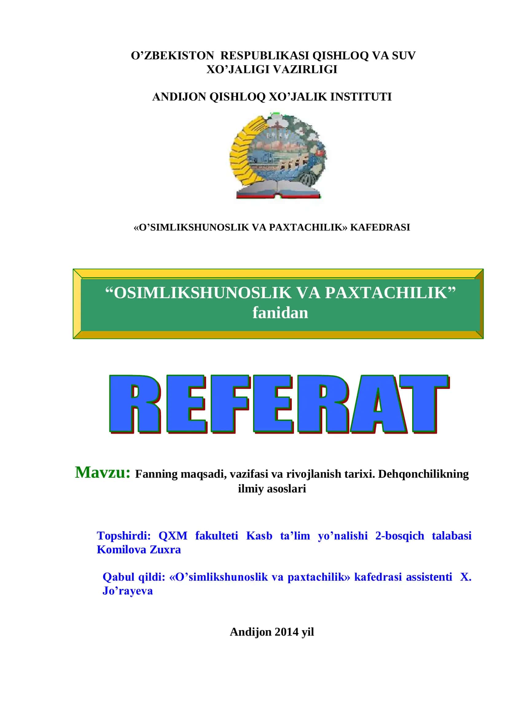 O’SIMLIKSHUNOSLIK VA PAXTACHILIK 1