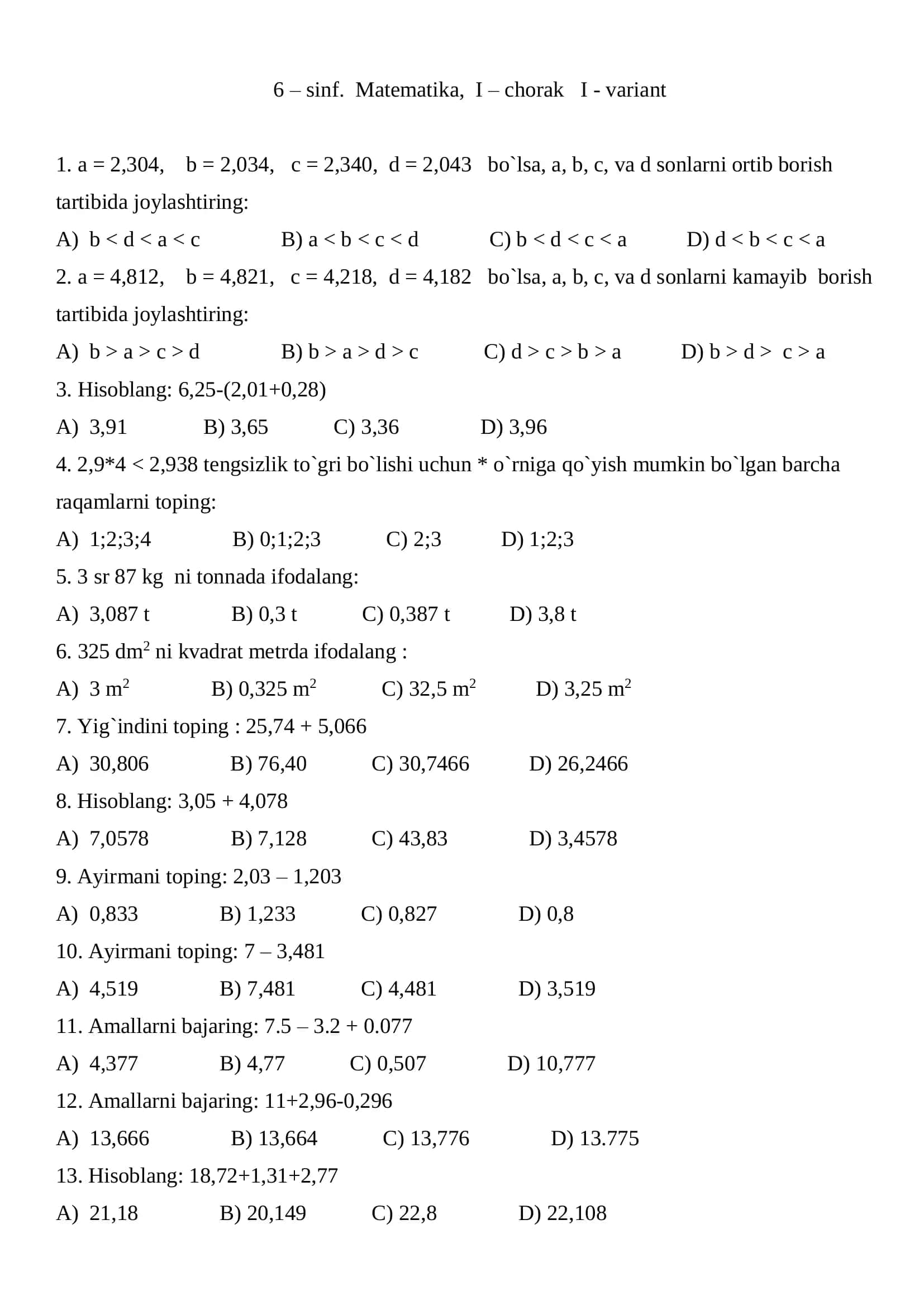 6-sinf Matematika Testlar – Barcha Choraklar PDF 1