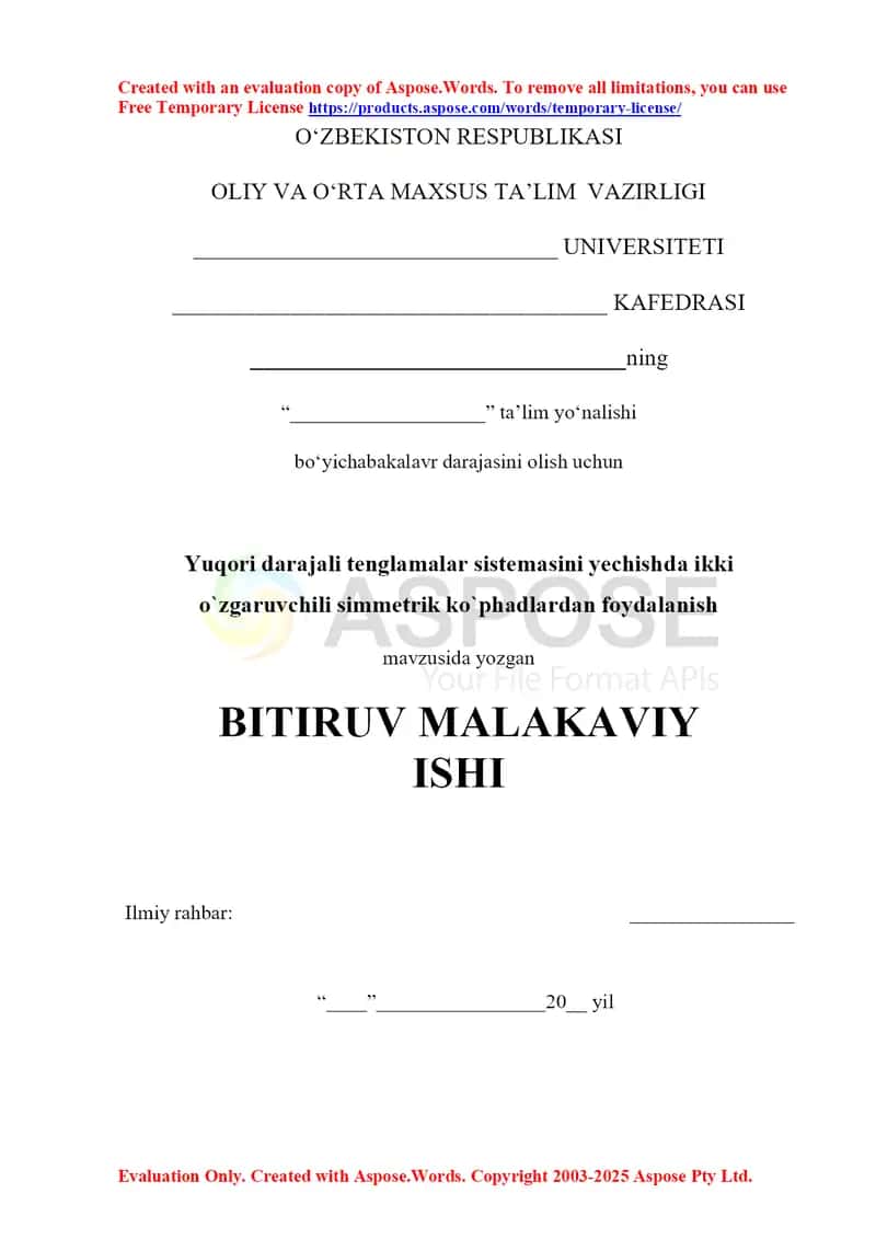 Yuqori darajali tenglamalar sistemasini yechishda ikki o`zgaruvchili simmetrik ko`phadlardan foydalanish 1