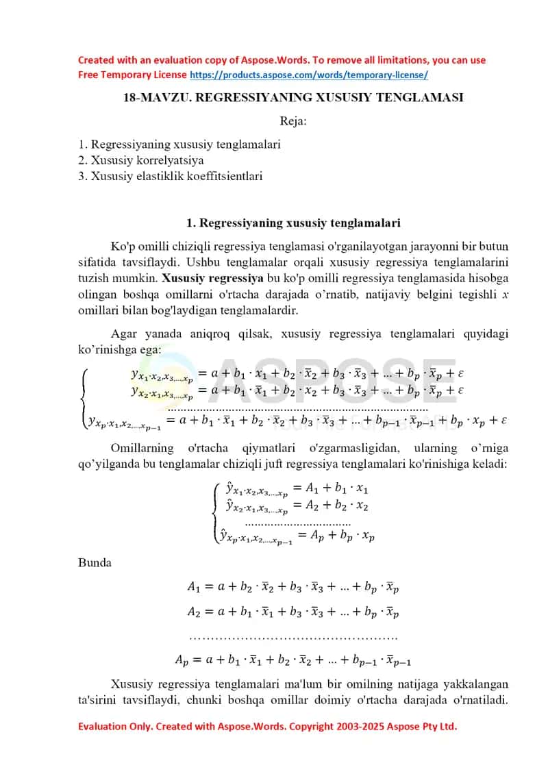 Regressiyaning xususiy tenglamasi va xususiy korrelyatsiya koeffitsientlari tahlili 1
