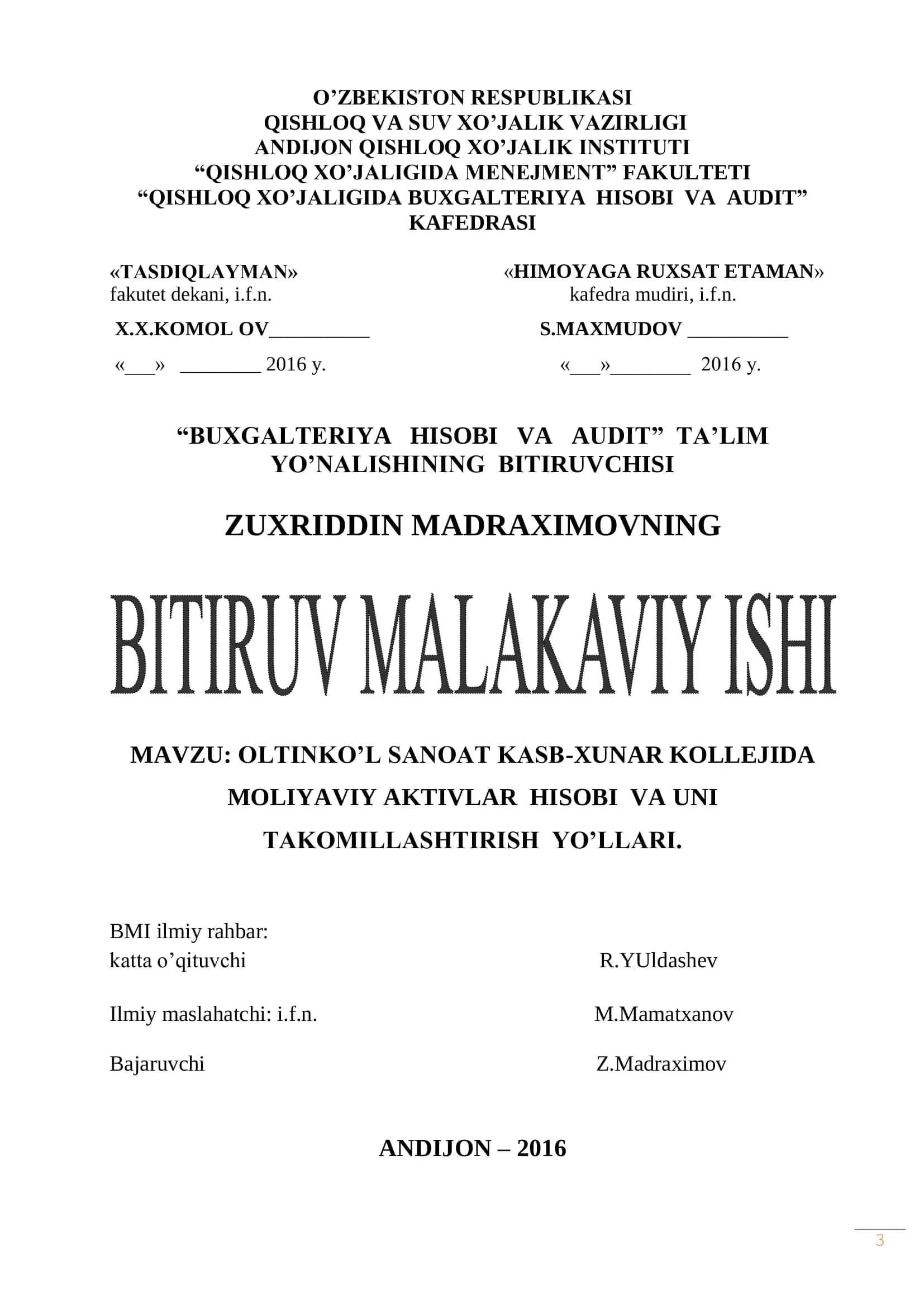OLTINKO’L SANOAT KASB-XUNAR KOLLEJIDA MOLIYAVIY AKTIVLAR HISOBI VA UNI TAKOMILLASHTIRISH YO’LLARI 1